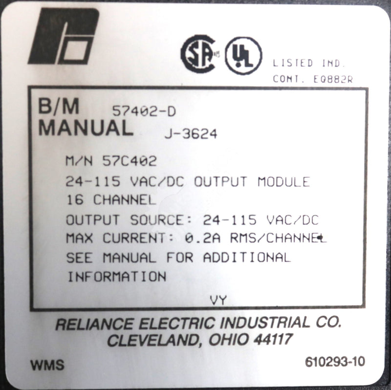 57C402 By Reliance Electric 16-CH 24-115 VAC/DC Output Module NSFP AutoMax