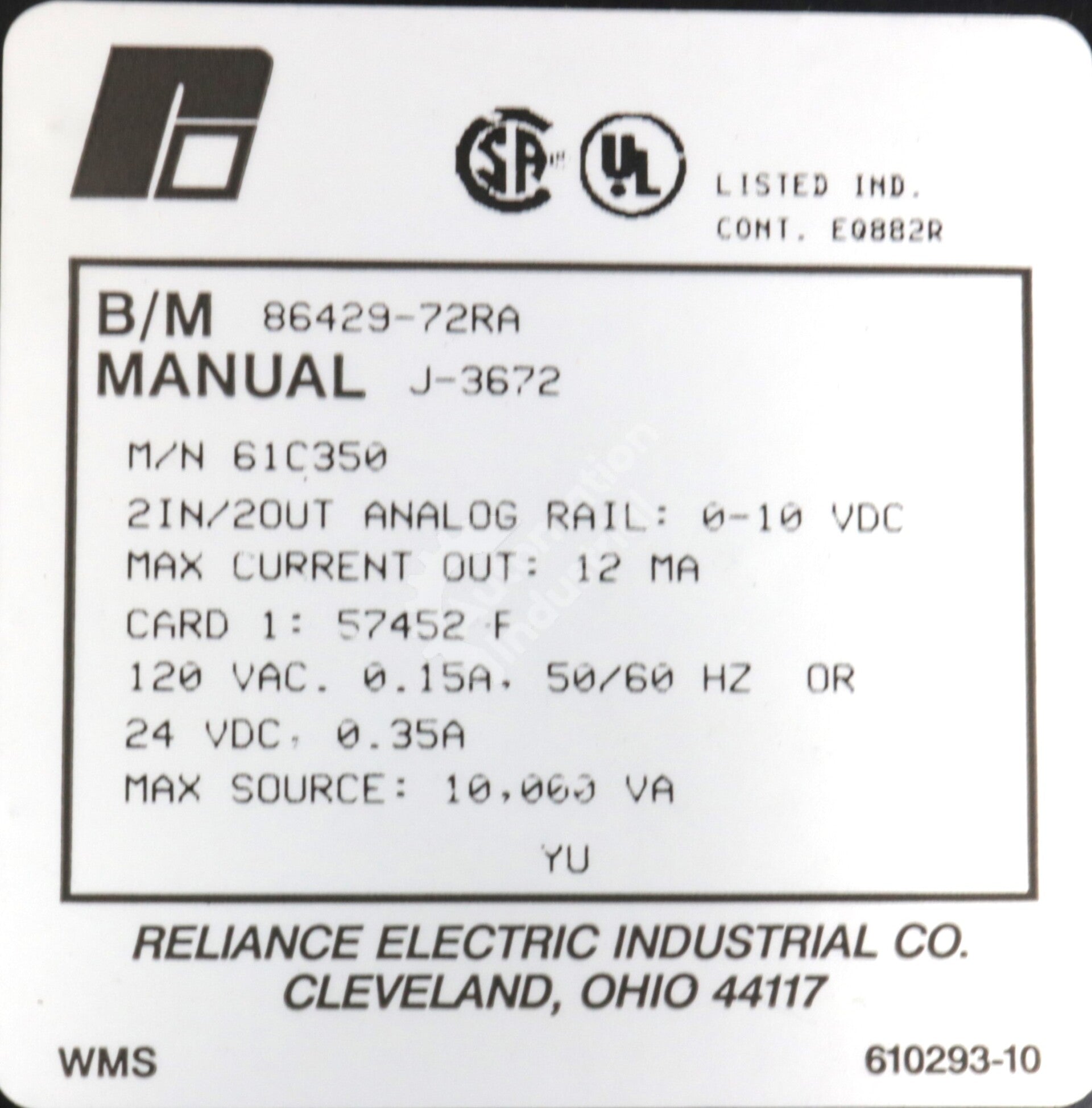 61C350 By Reliance Electric 2-Point Analog Rail I/O Module NSFP AutoMate