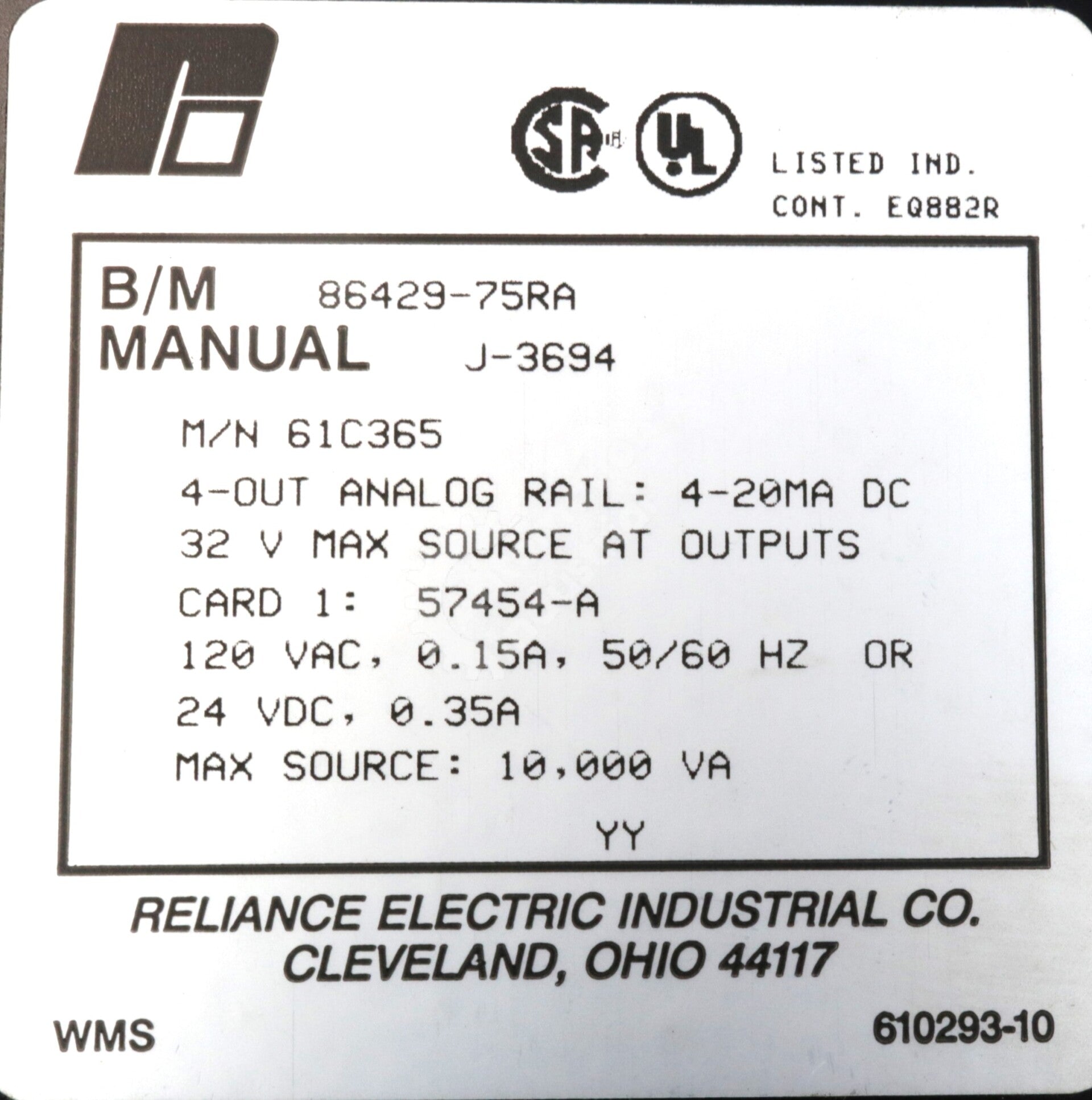 61C365 By Reliance Electric 4-20MA 4 Out Analog Rail Module NSFP AutoMate