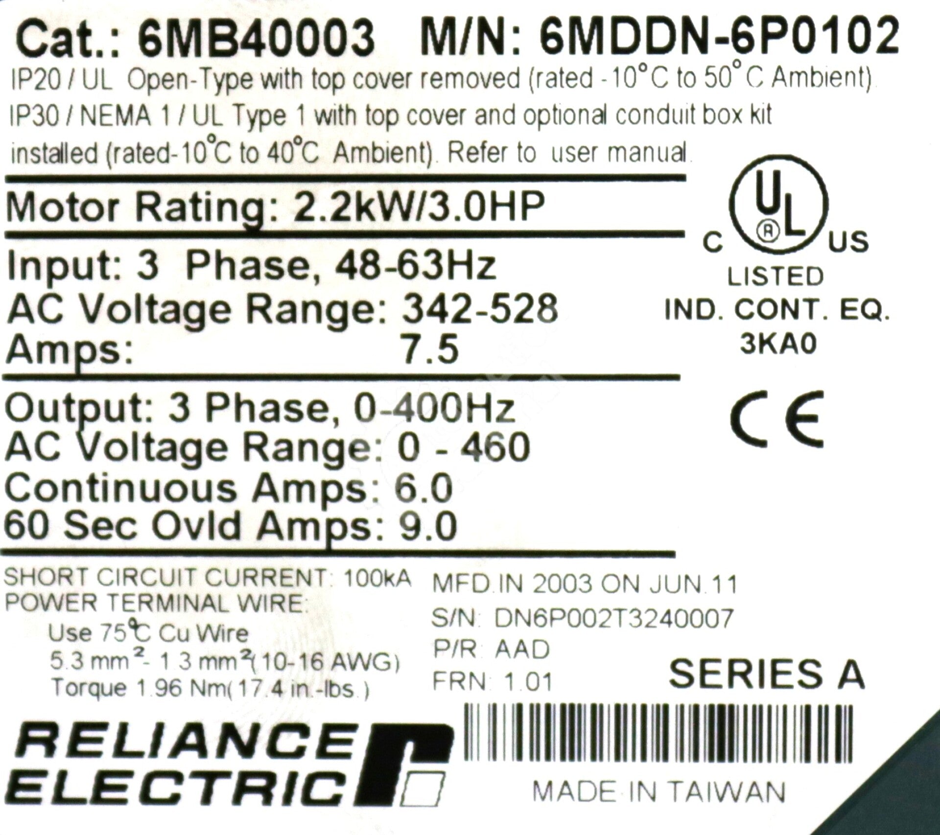 6MDDN-6P0102 By Reliance Electric 6MB40003 3HP AC Drive MD65 Series NSFP