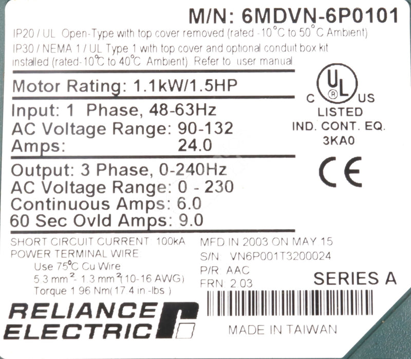 6MDVN-6P0101 By Reliance Electric 1.5HP 115Volt 1Phase Drive NSFP MD60