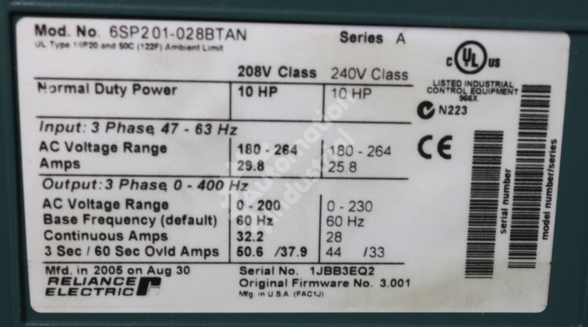 6SP201-028BTAN By Reliance Electric 10HP 230VAC NEMA 1 Drive NSFP SP600