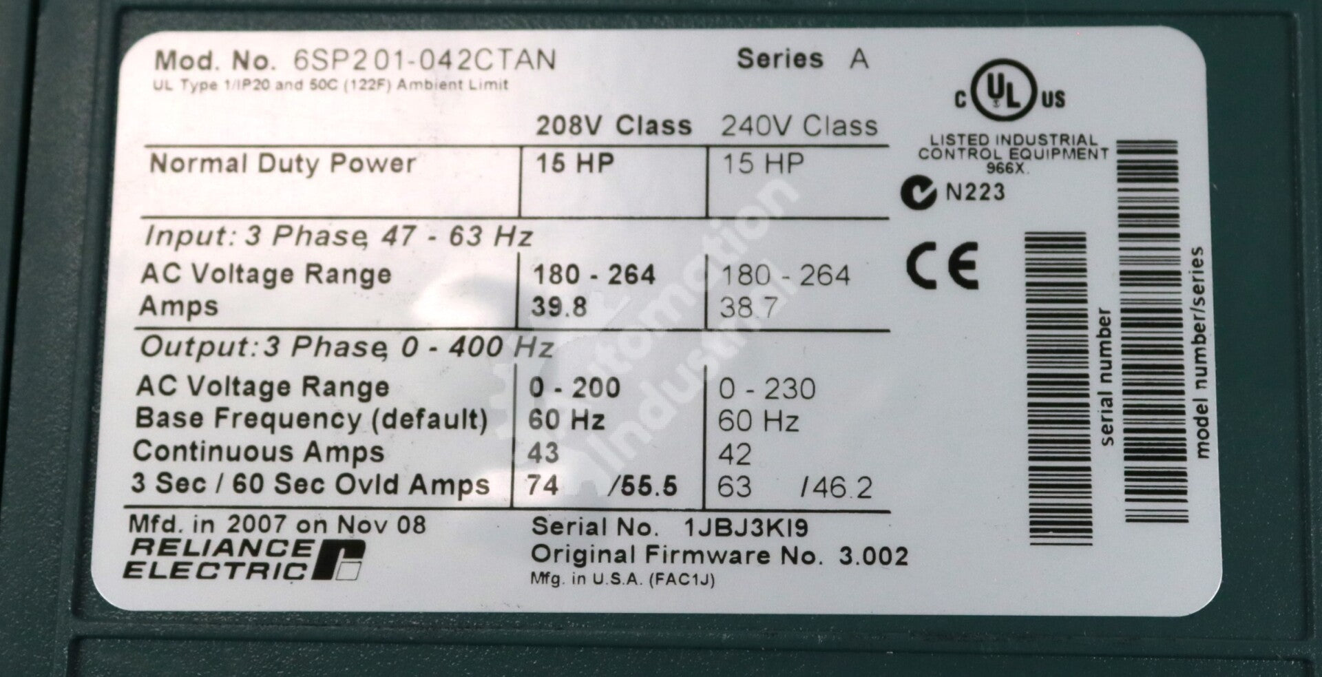 6SP201-042CTAN By Reliance Electric 3PH 15 HP 240 VAC AC Drive NSFP SP600