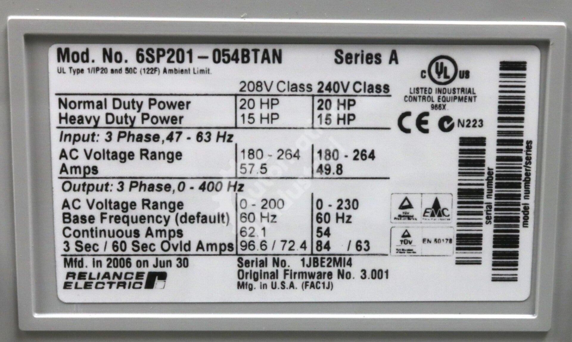 6SP201-054BTAN By Reliance Electric NEMA 1 20HP 240V AC Drive NSFP SP600