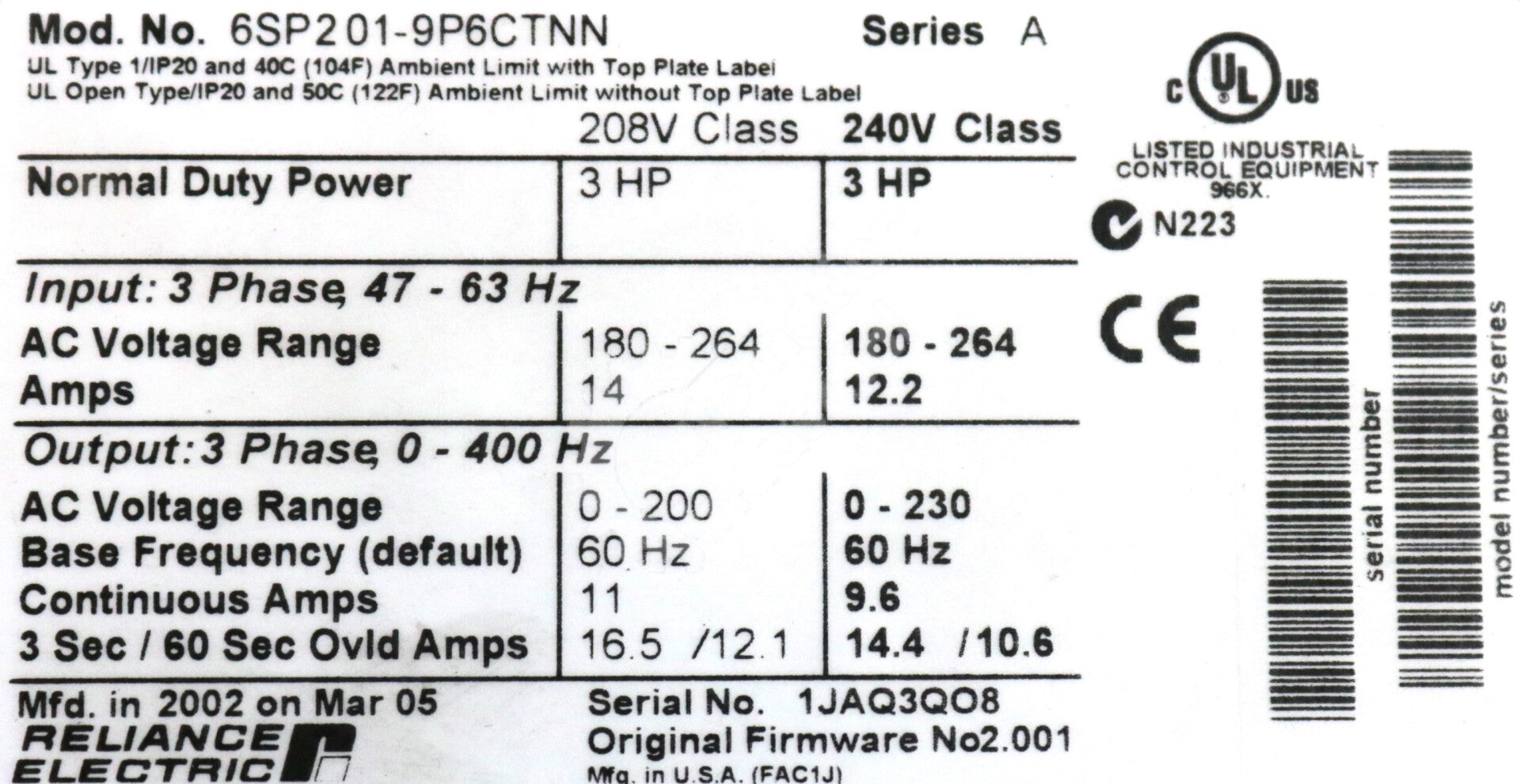 6SP201-9P6CTNN By Reliance Electric HP 230V Inverter Drive SP600