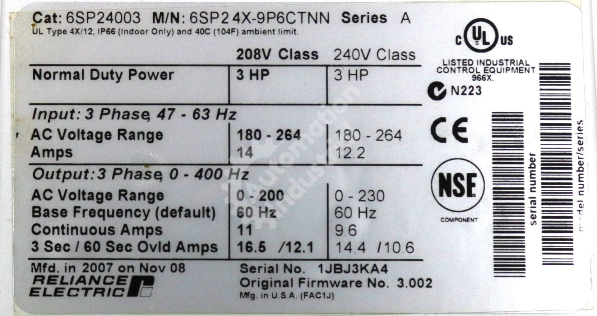 6SP24X-9P6CTNN By Reliance Electric 6SP24003 SPD Controller AC Drive NSFP SP600