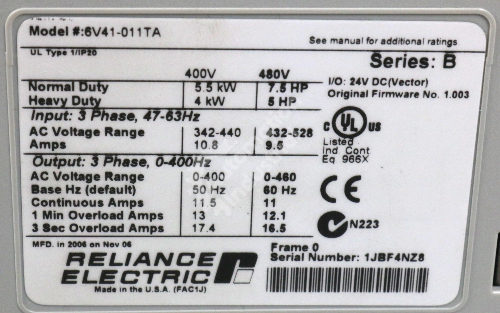 6V41-011TA By Reliance Electric GV6000 7.5HP Inverter Drive NSFP