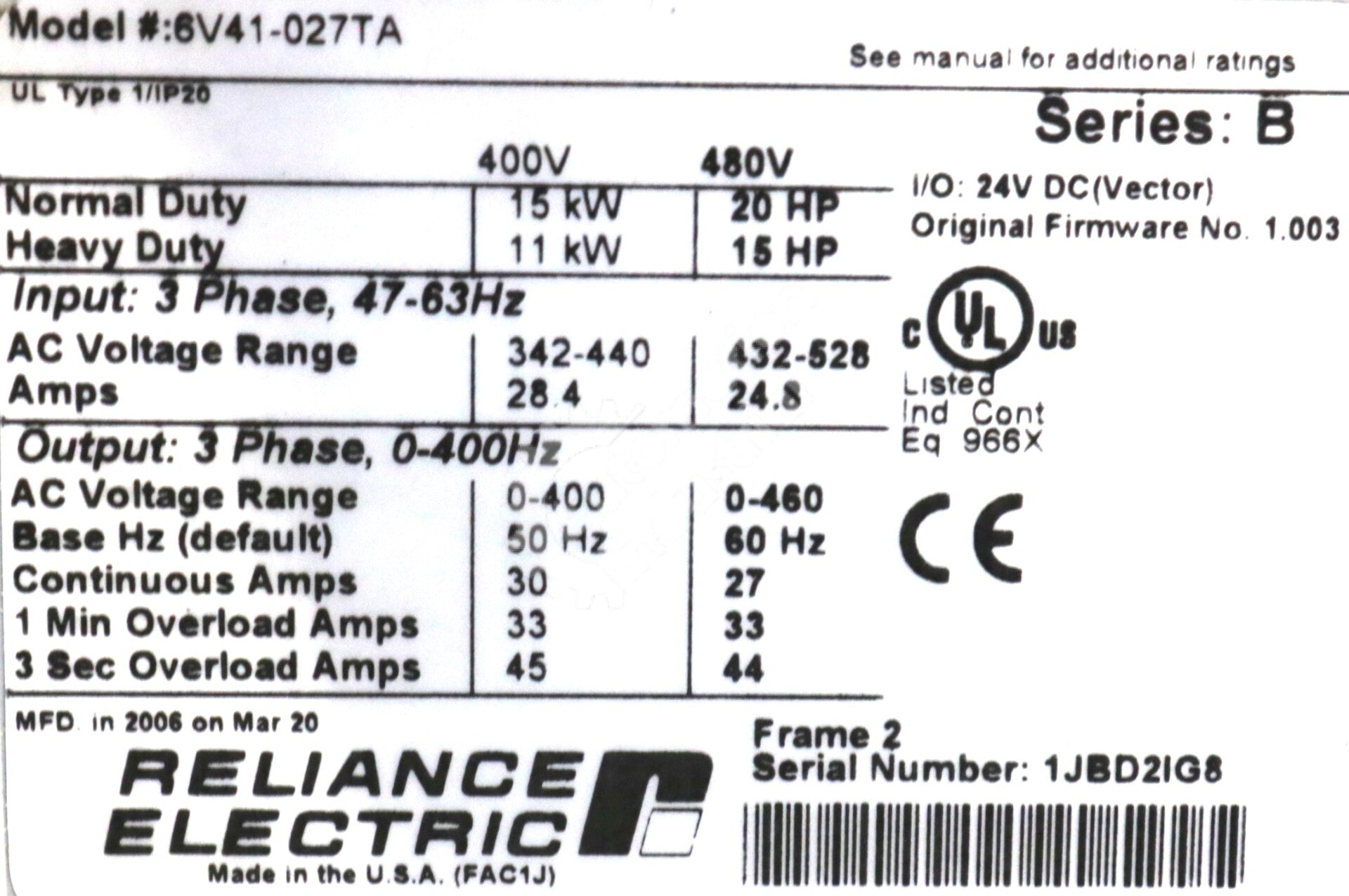 6V41-027TA By Reliance Electric GV6000 20 HP Inverter Drive NSFP