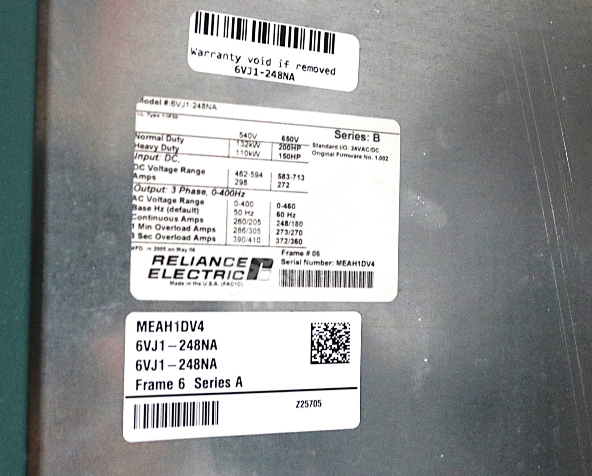 6VJ1-248NA By Reliance Electric 650VDC Input 150HP GV6000 AC Drive NSFP