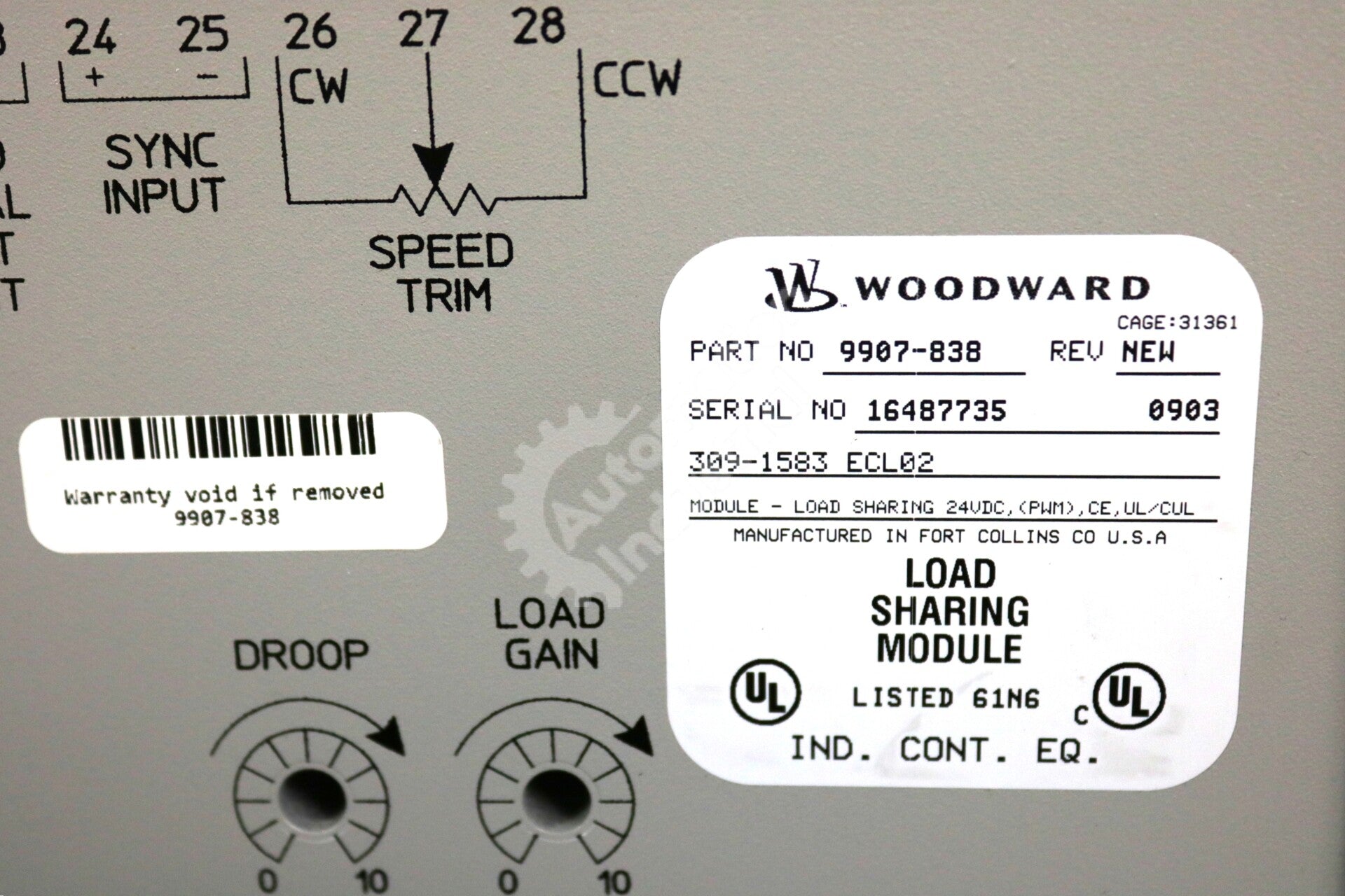 9907-838 By Woodward 24VDC Load Sharing Module New Surplus Factory Package