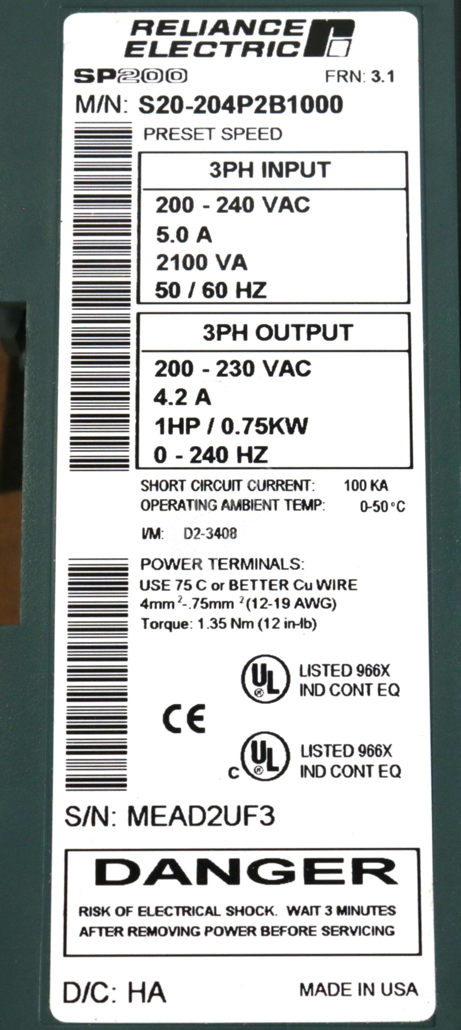 S20-204P2B1000 By Reliance Electric 230V 1HP AC Drive NSFP SP200