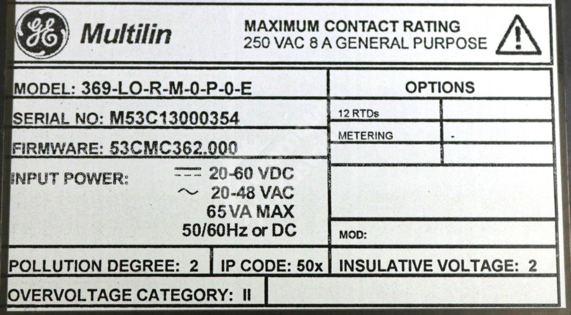 369-LO-R-M-0-P-0-E By GE Multilin 369 Motor Management Relay NSNB