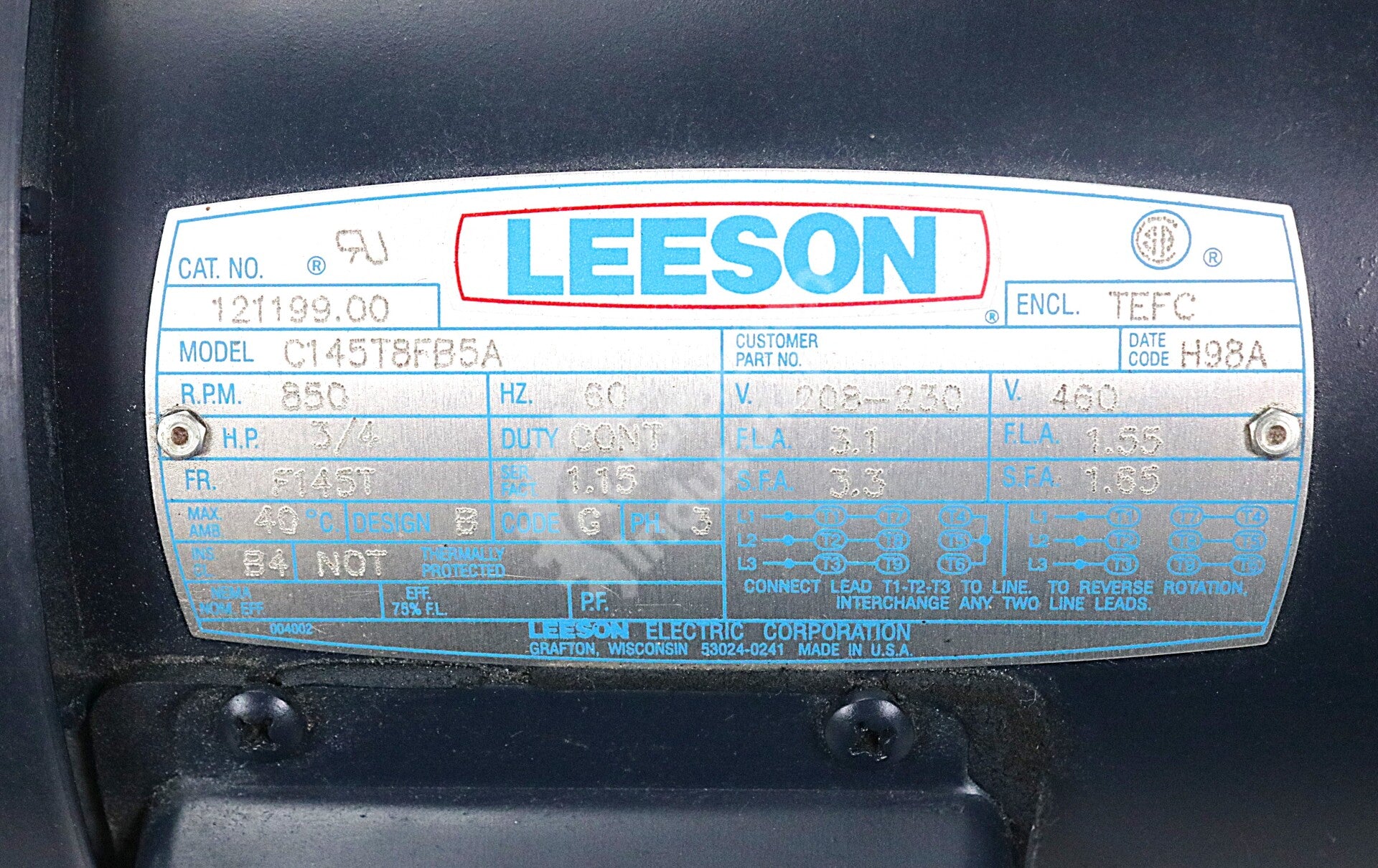 C145T8FB5A By Leeson 121199.00 460V 60Hz 850RPM General-Purpose AC Motor NSNB