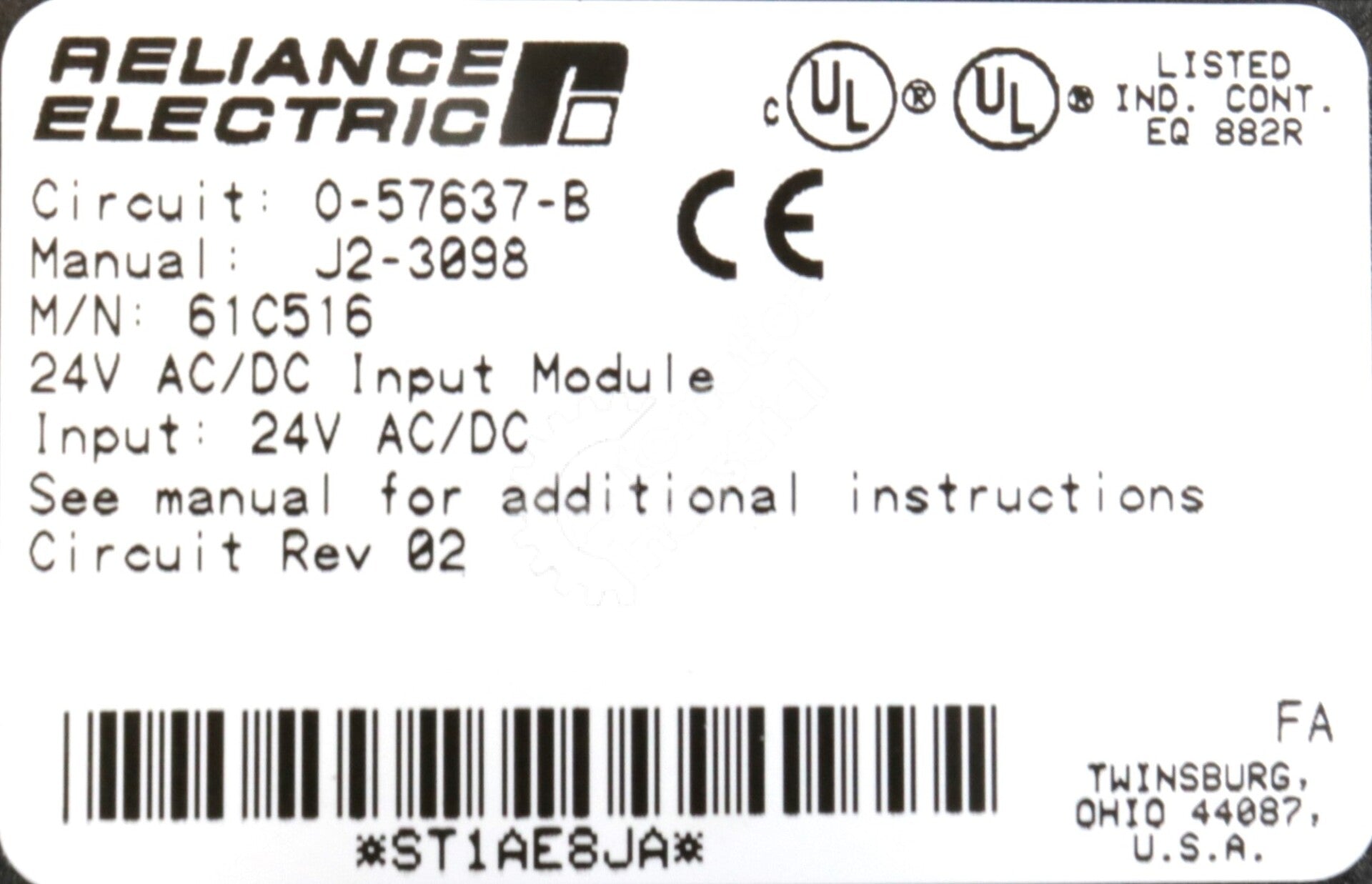 61C516 By Reliance Electric 16-Channel 12-24V AC/DC Input Module NSNB AutoMax