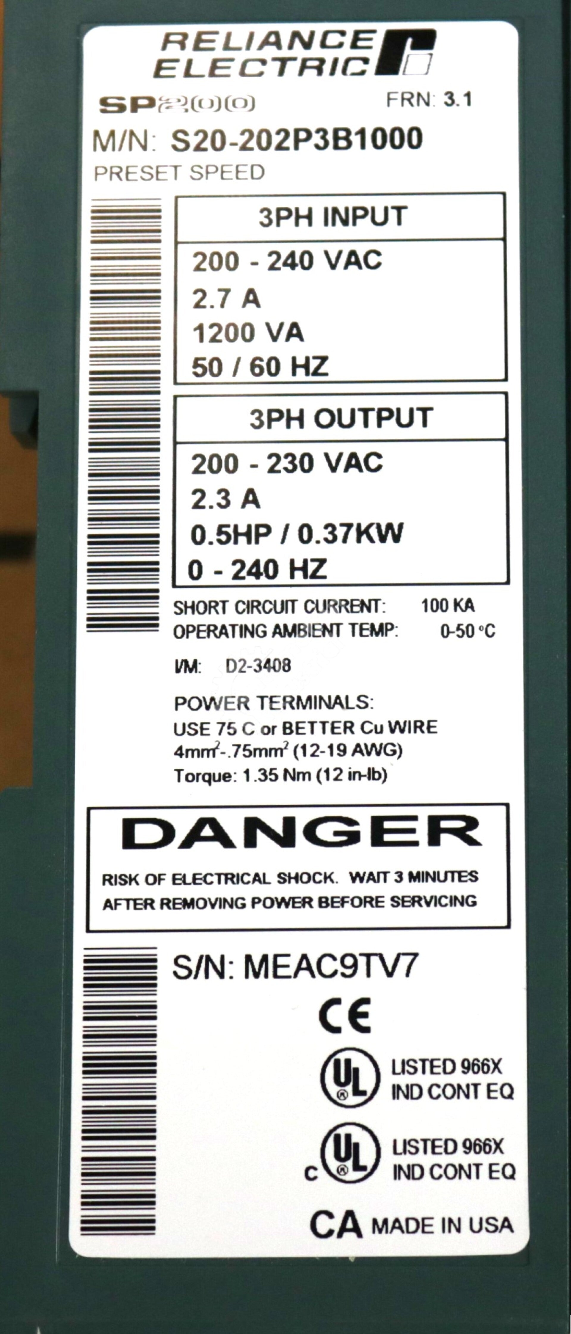 S20-202P3B1000 By Reliance Electric .5HP 230VAC SP200 Drive NSNB