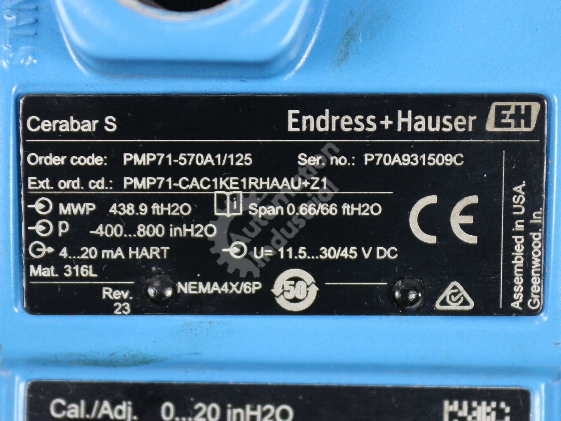 PMP71-CAC1KE1RHAAU+Z1 By Endress+Hauser PMP71 Digital Pressure Transmitter