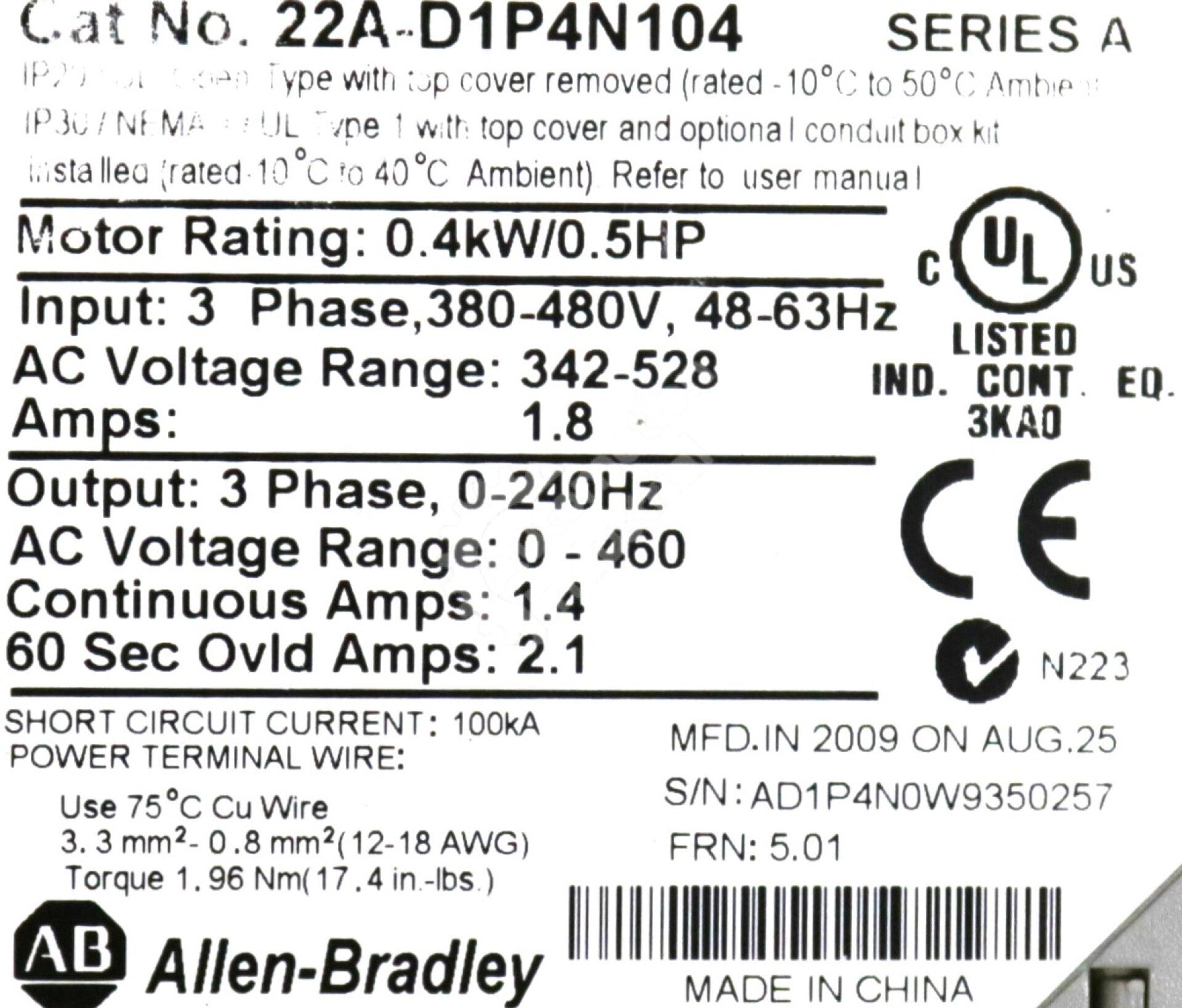 22A-D1P4N104 By Allen-Bradley PowerFlex 4 Adjustable Frequency AC Drive