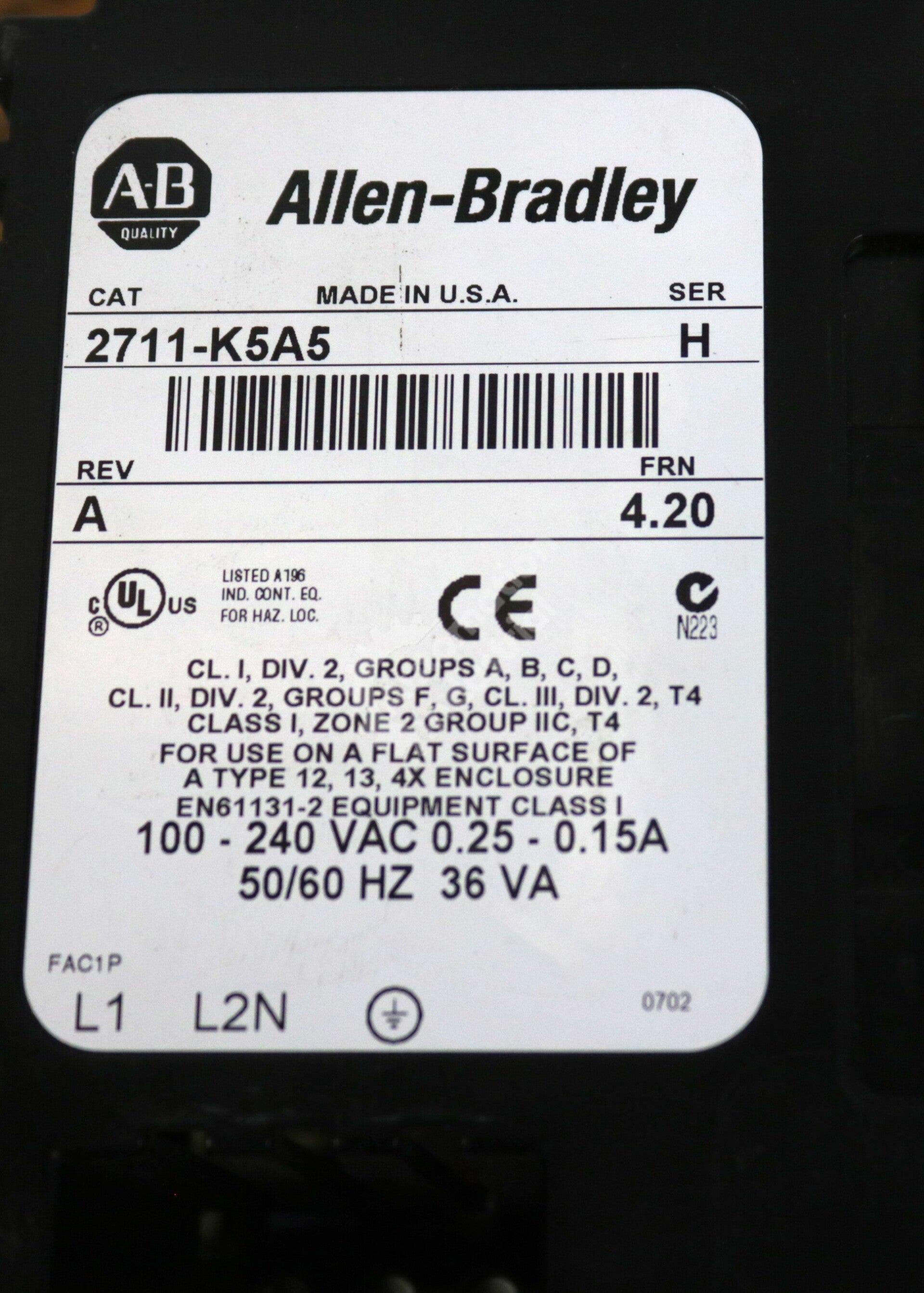 2711-K5A5 By Allen Bradley 5.3In 100-240VAC Keypad Operator Interface