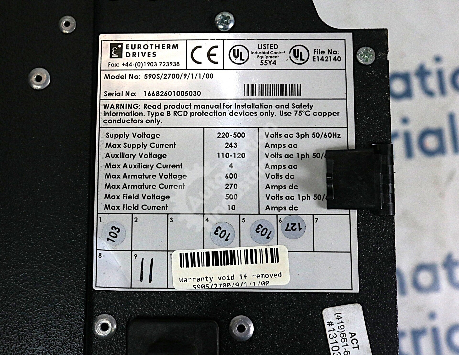 Eurotherm 590S/2700/9/1/1/00 220-500VAC 270 AMP 3 Phase DC Drive 590 Link