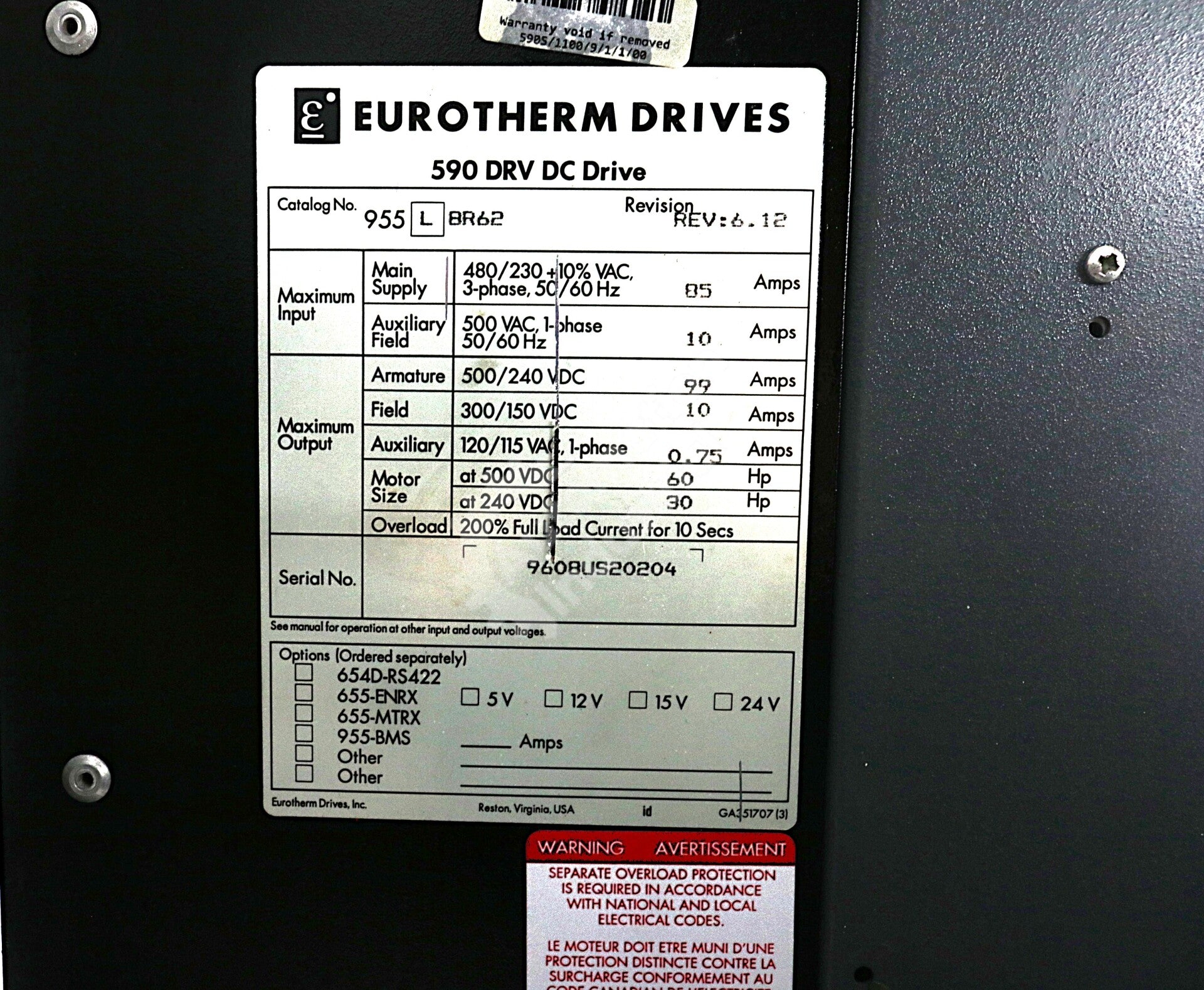 Eurotherm 590S/1100/9/1/1/00 220-500VAC 60HP Digital DC Drive 590 Link