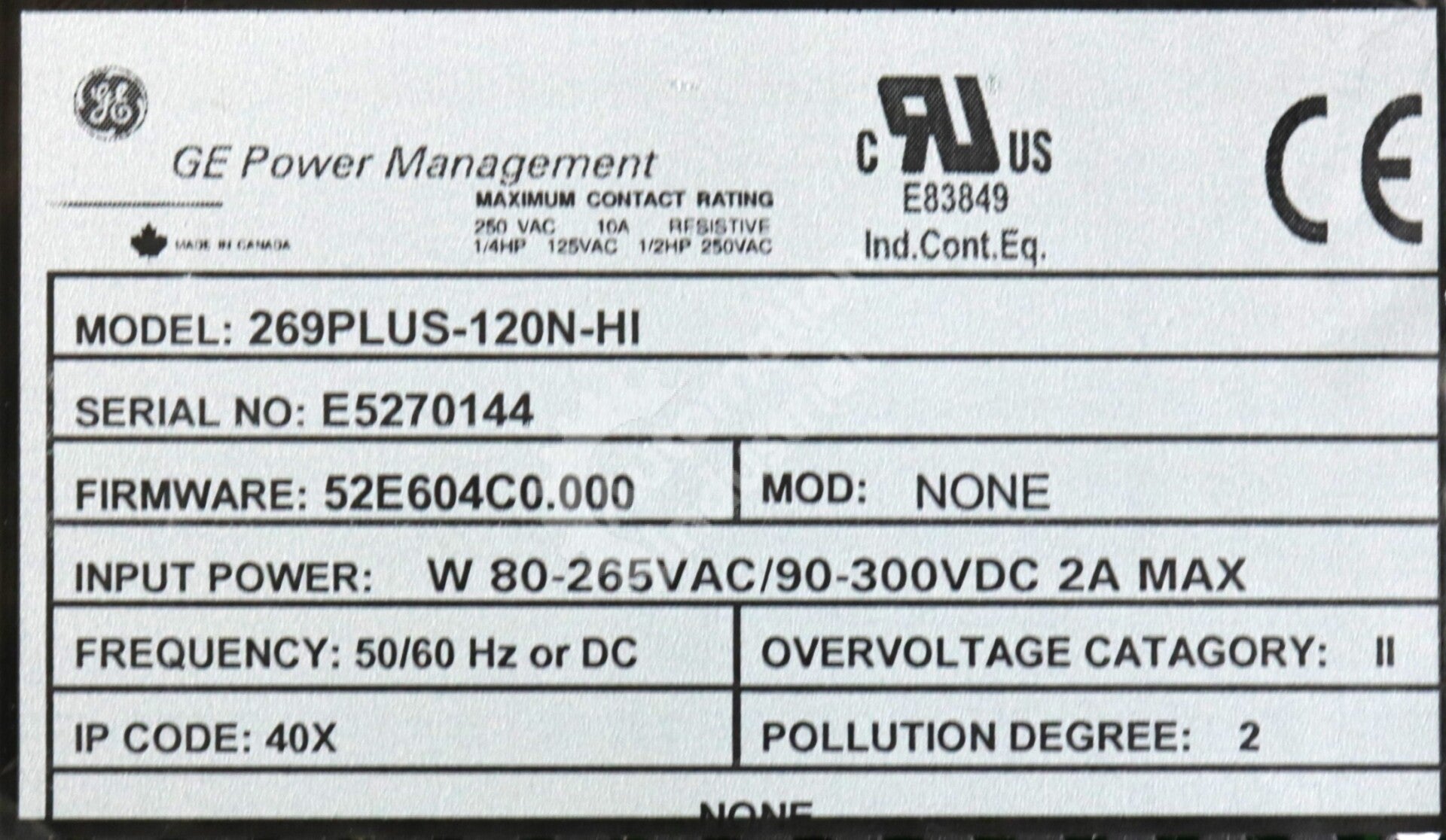 269PLUS-120N-H1 By GE Multilin Motor Management Relay 269 Plus