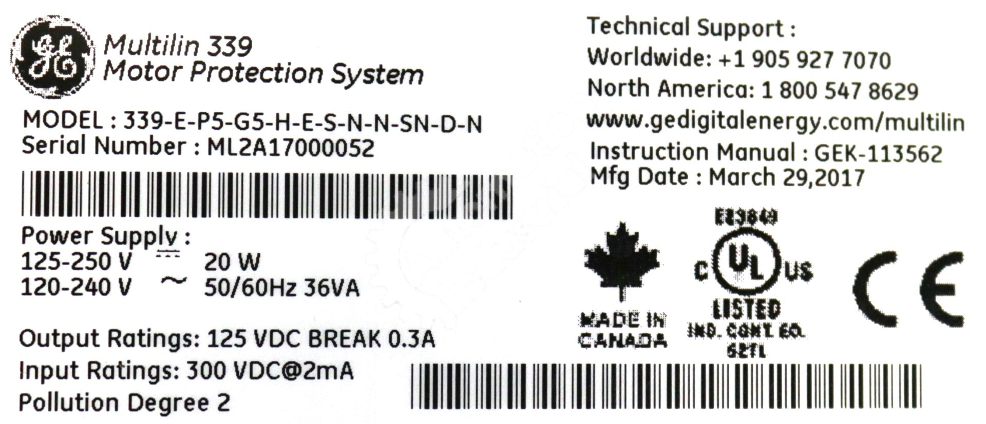 339-E-P5-G5-H-E-S-N-N-SN-D-N By GE Multilin 339 Motor Protection System Series