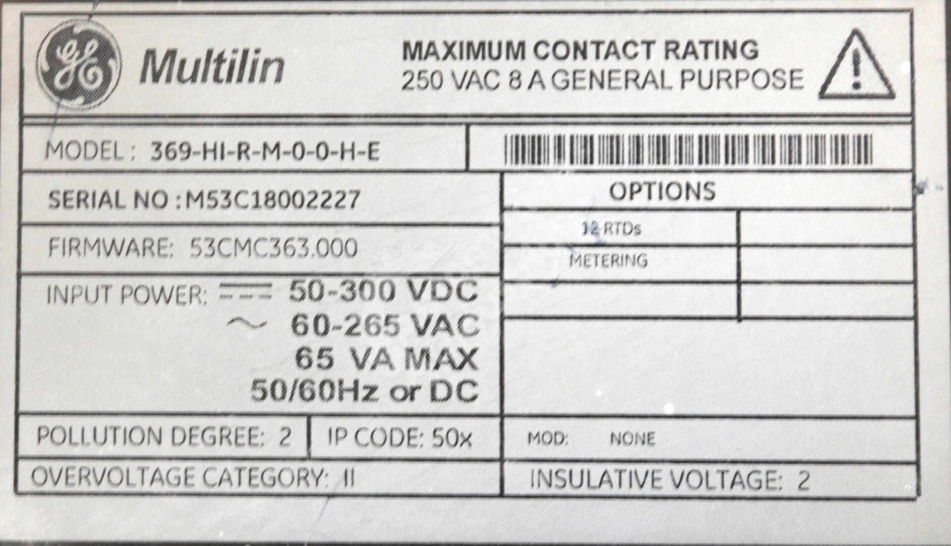 369-HI-R-M-0-0-H-E By GE Multilin Motor Management Relay