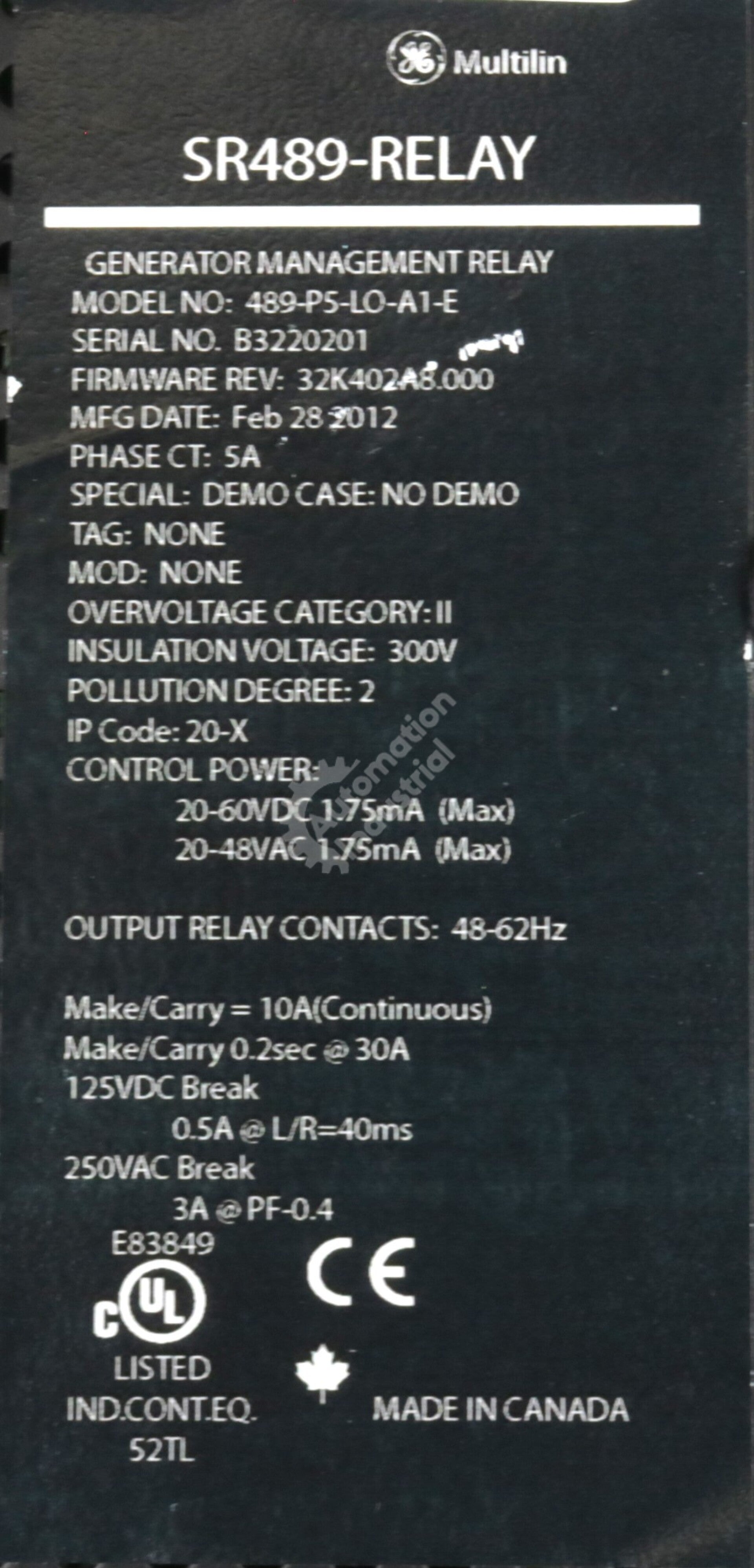 489-P5-LO-A1-E By GE Multilin Generator Management Relay SR489