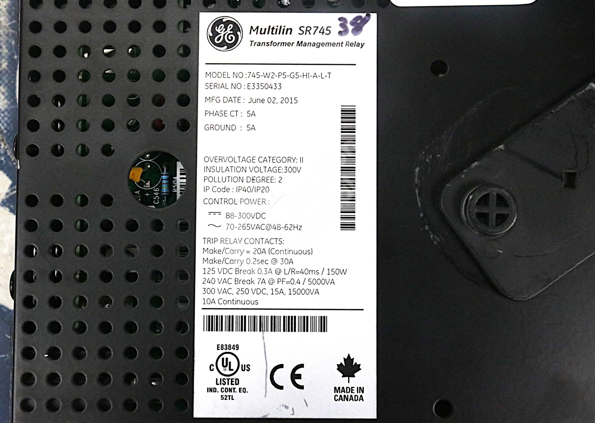 745-W2-P5-G5-HI-A-L-T By GE Multilin Transformer Protection Relay