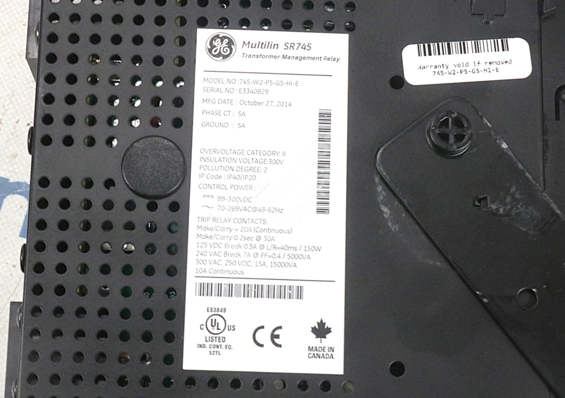 745-W2-P5-G5-HI-E By GE Multilin 5A Phase w Ethernet CT Transformer Mgmt  Relay