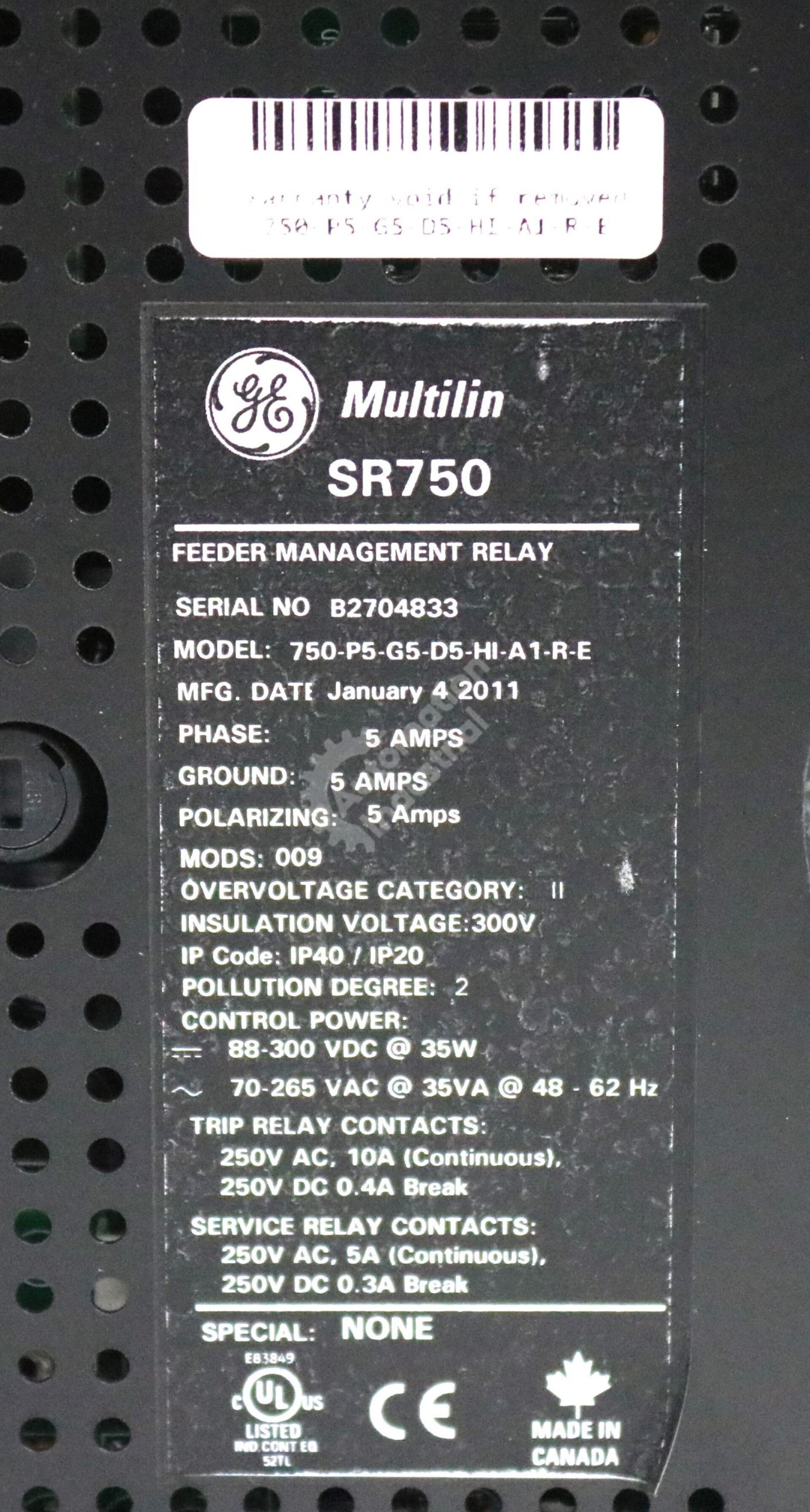 750-P5-G5-D5-HI-A1-R-E By GE Multilin Feeder Management Relay