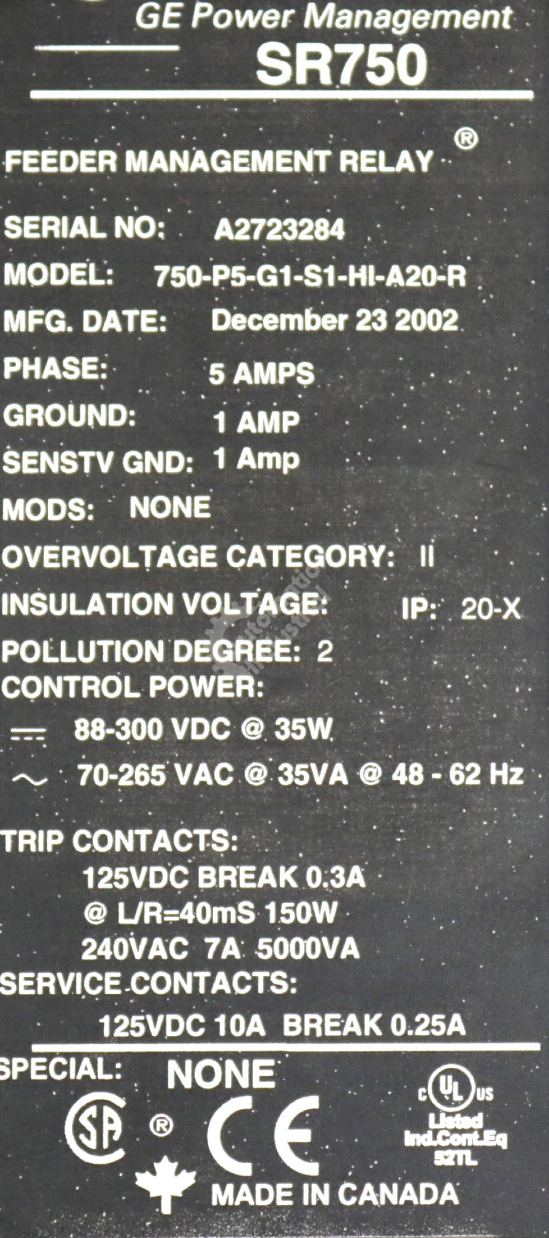 750-P5-G5-S1-HI-A20-R By GE Multilin 750 Feeder Management Relay