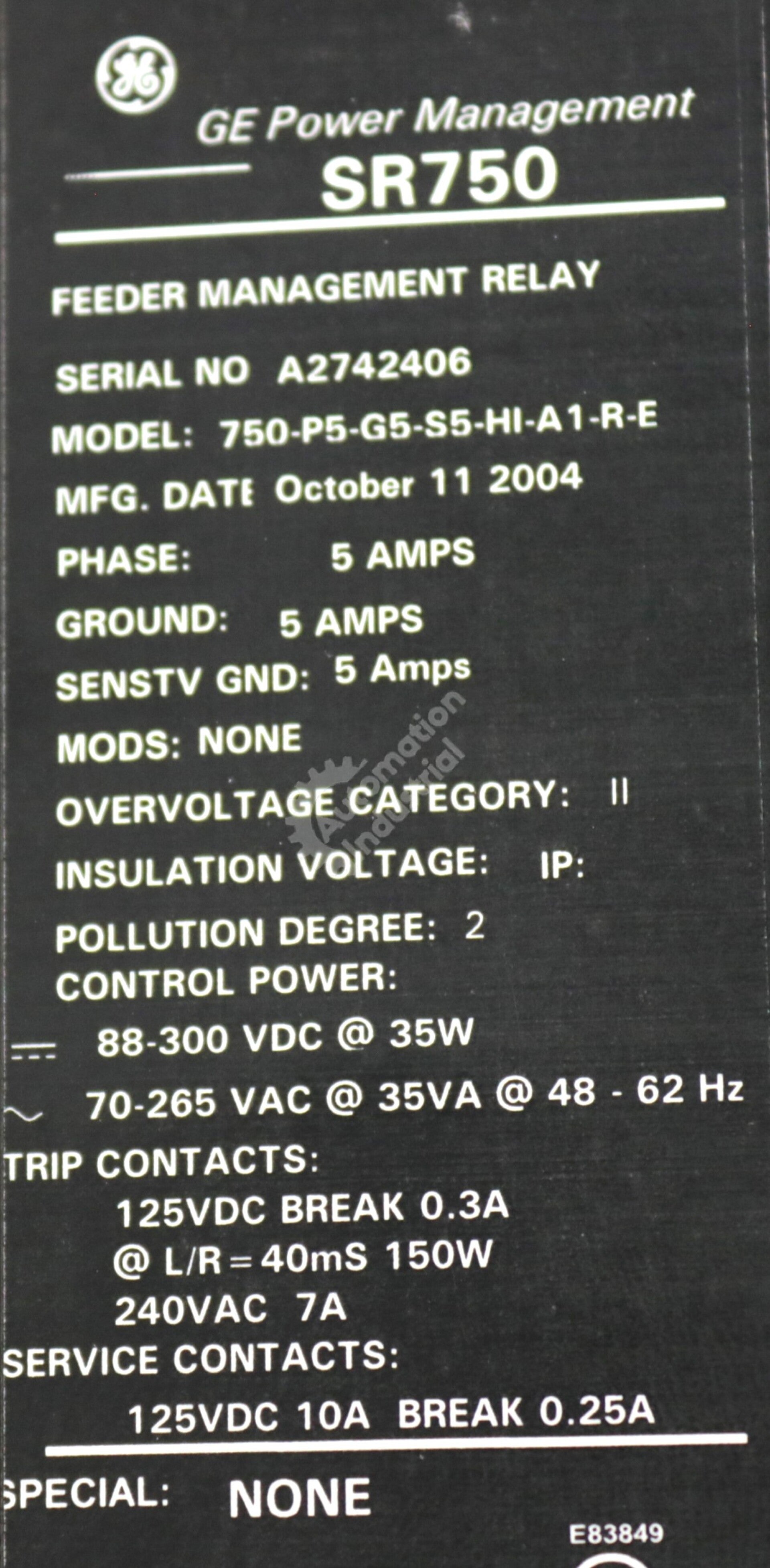 750-P5-G5-S5-HI-A1-R-E By GE Multilin 750/760 Feeder Management Relay