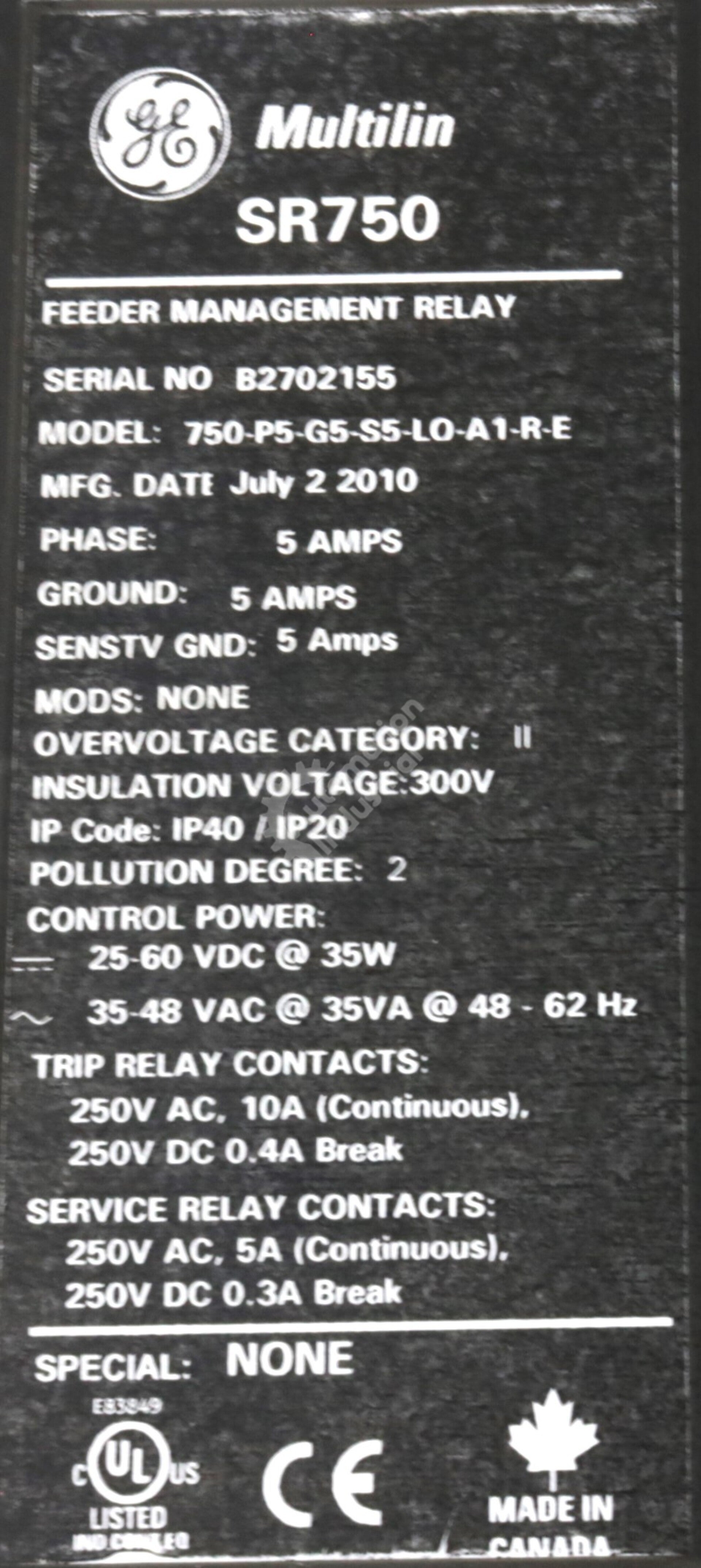 750-P5-G5-S5-LO-A1-R-E By GE Multilin Feeder Power Management Relay SR750