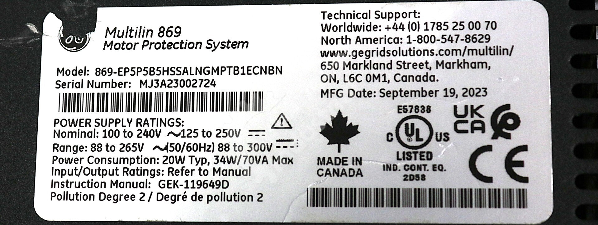 869-EP5P5B5HSSALNGMPTB1ECNBN By GE Multilin 869 Motor Protection System