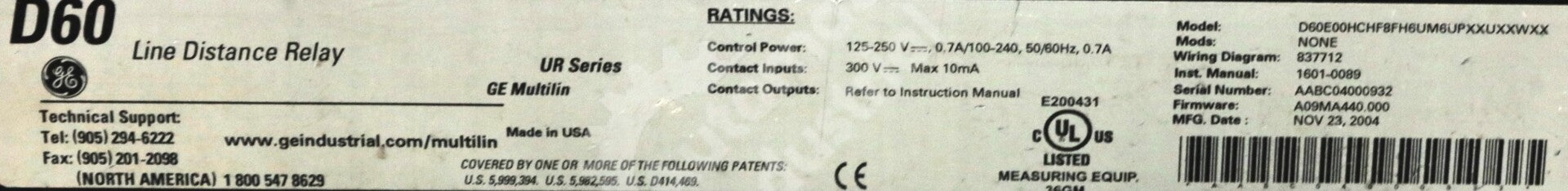 D60E00HCHF8H6UM6UPXXUXXWXX By GE Multilin D60 Line Distance Relay