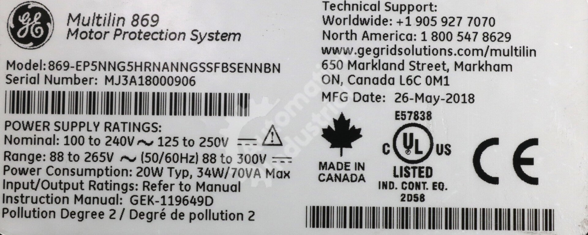 869-EP5NNG5HRNANNGSSFBSENNBN By GE Multilin 869 Protection Relay System