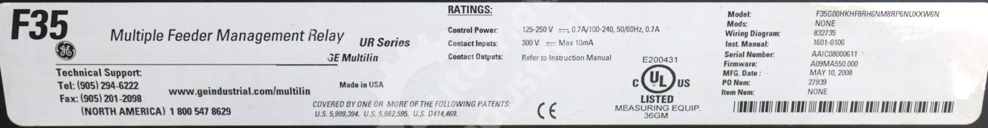 F35G00HKHF8RH6NM8RP6NUXXW6N By GE Multilin Multiple Feeder Mgmt Relay