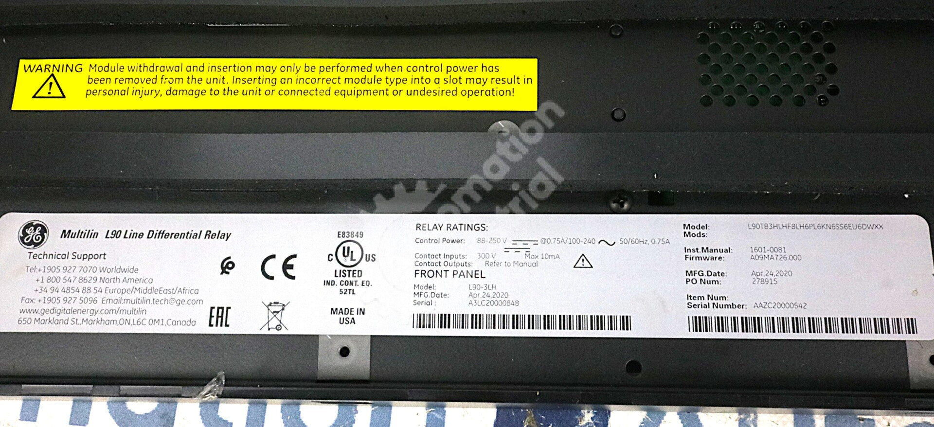 L90-3LH By GE Multilin 50/60Hz 100-240V 10mA L90 Line Differential Relay