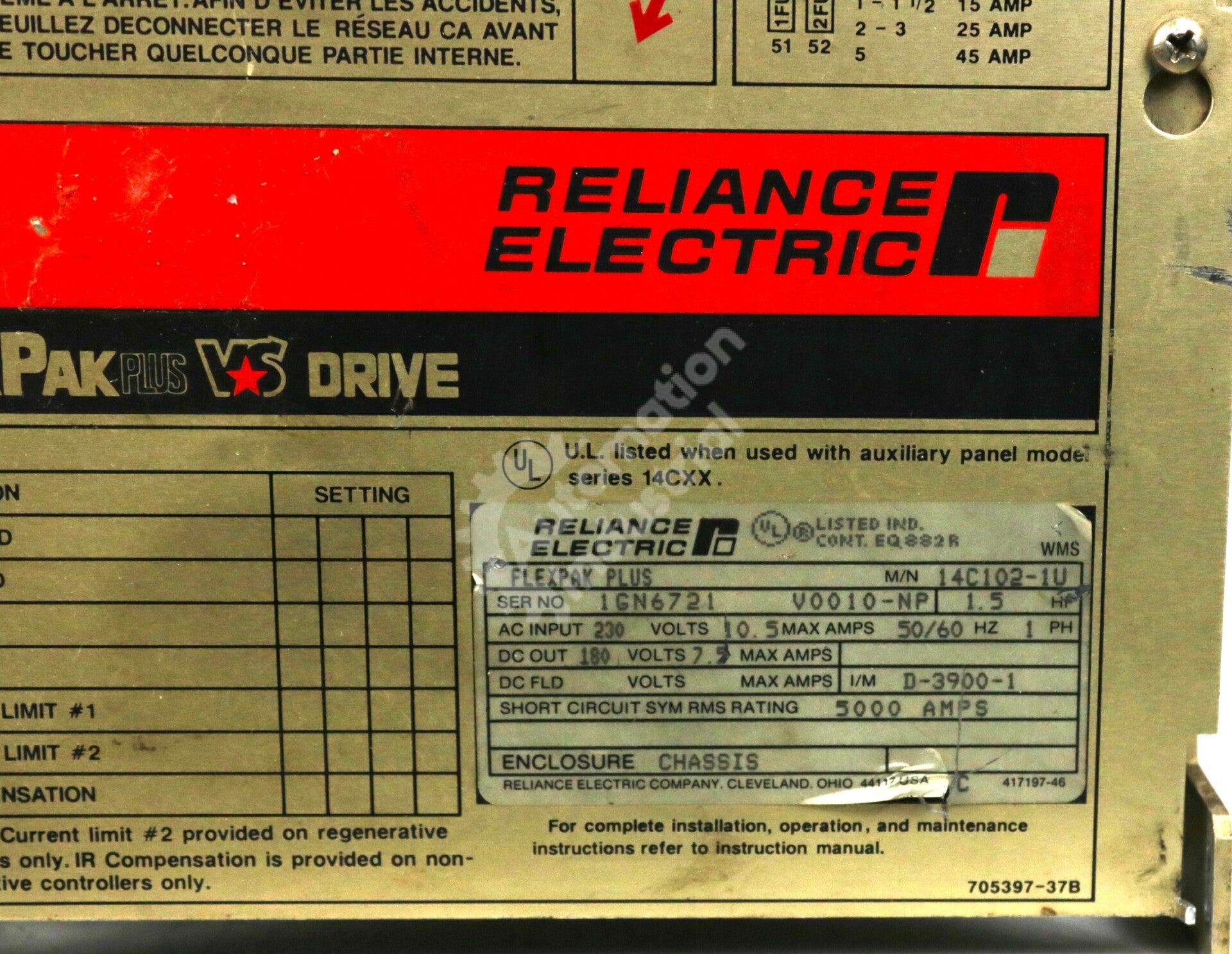 14C102-1U By Reliance Electric FlexPak Plus 1.5 HP DC Drive