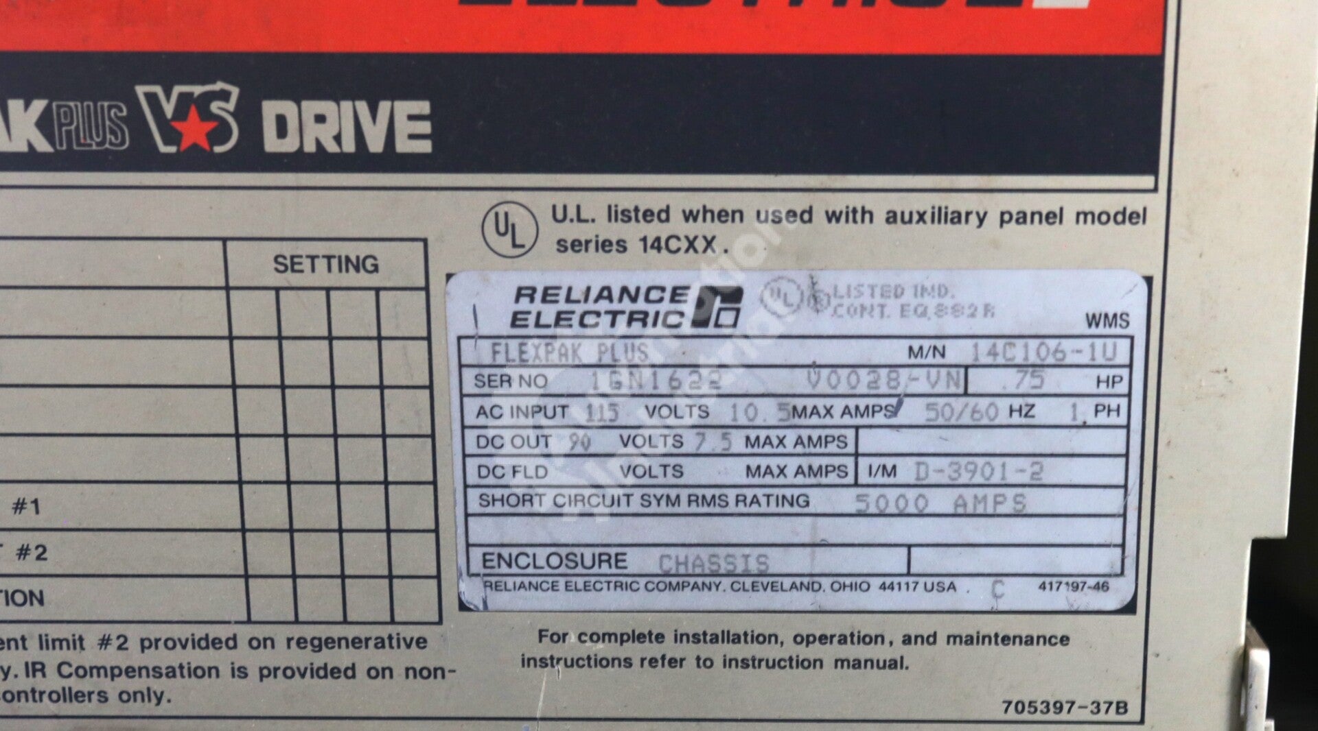 14C106-1U By Reliance Electric FlexPak Plus .75HP DC Drive