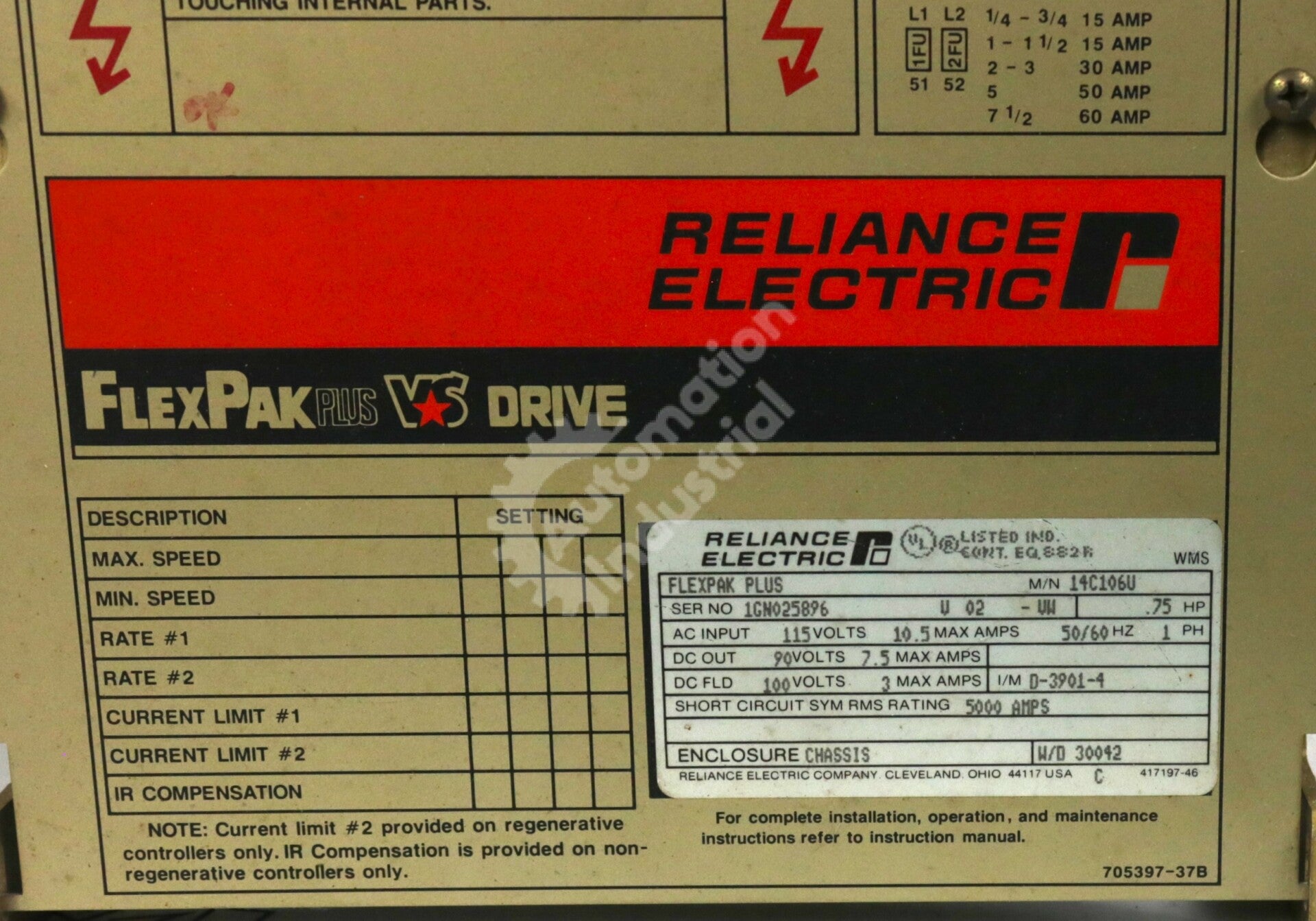 14C106U By Reliance Electric FlexPak Plus .75HP 115V 1 Phase Drive