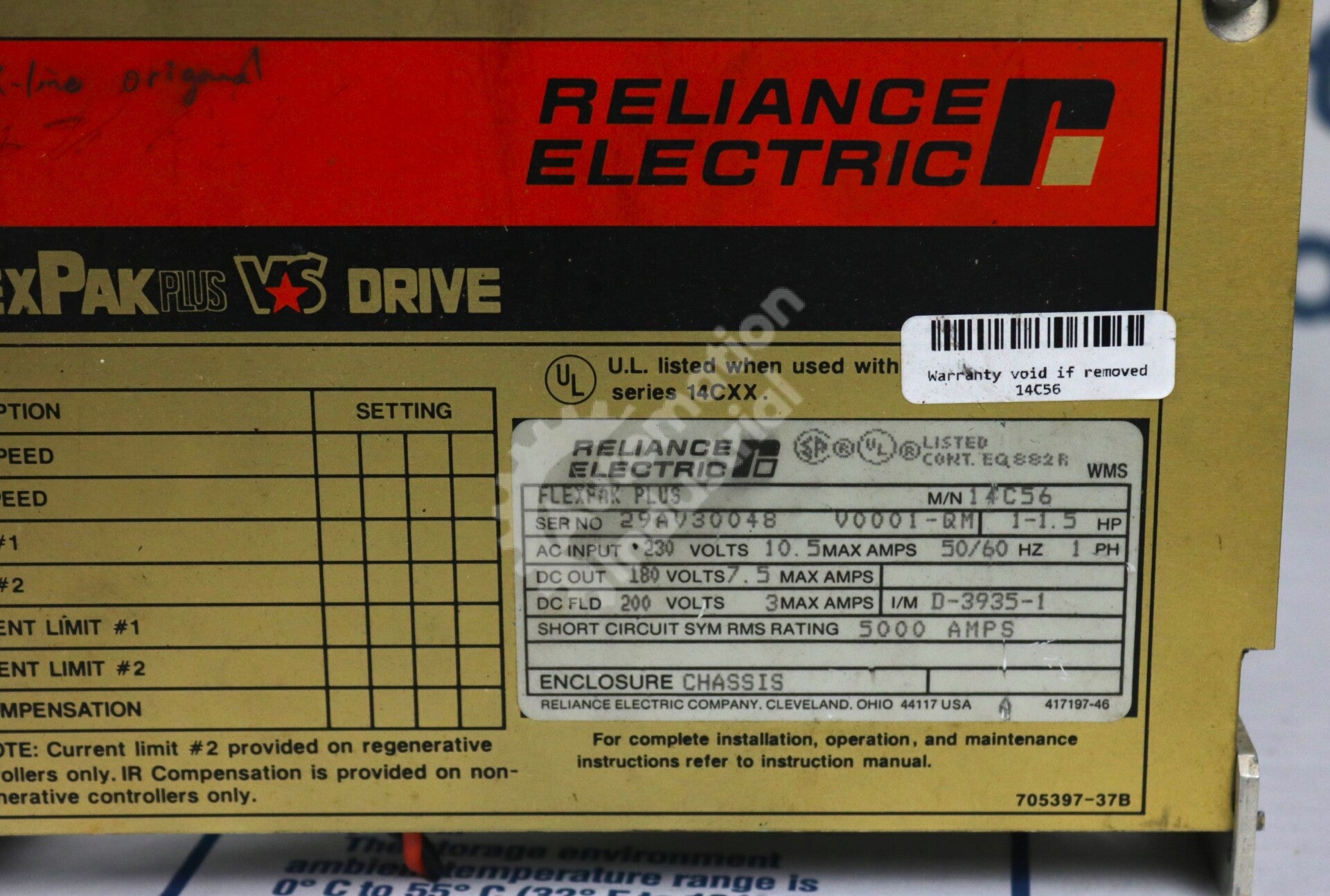 14C56U By Reliance Electric 1-Phase 1.5 HP 10.5 AMP VS DC Drive FlexPak Plus