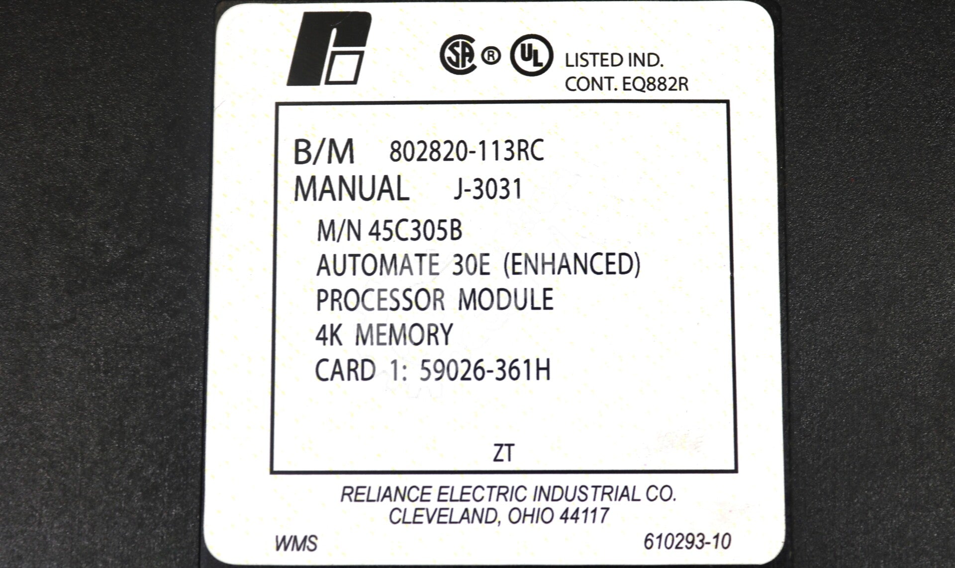 45C305B By Reliance Electric 30E 4K Memory Processor Module Automate