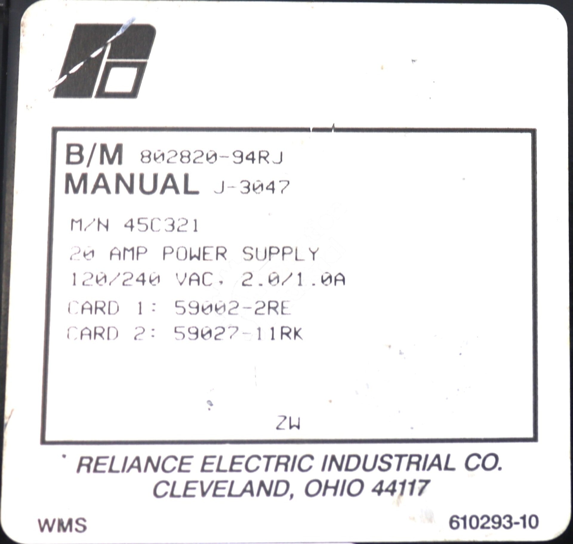 45C321 By Reliance Electric 20 Amp Power Supply AutoMate