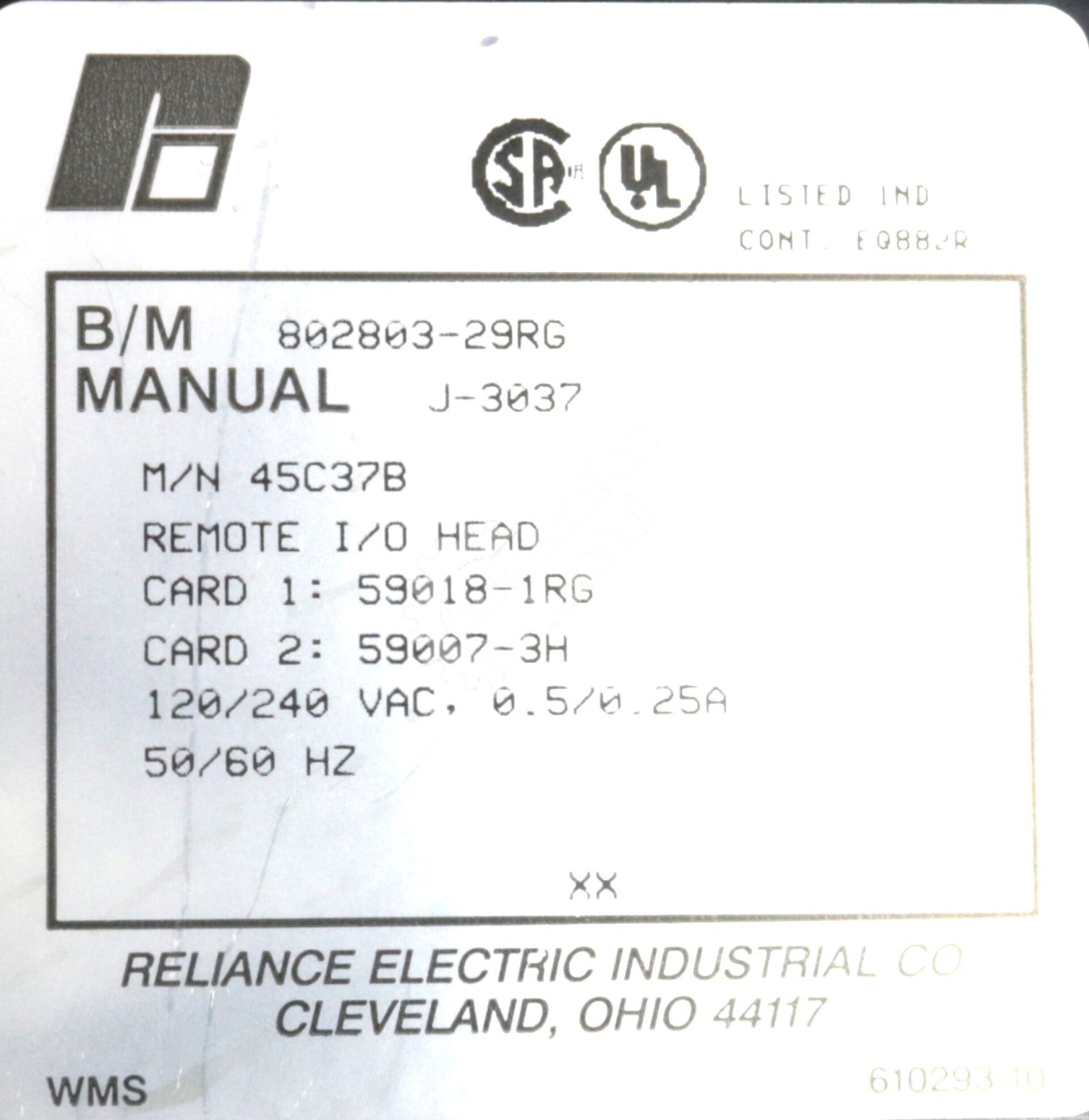 45C37B By Reliance Electric Remote I/O Interface Controller AutoMate