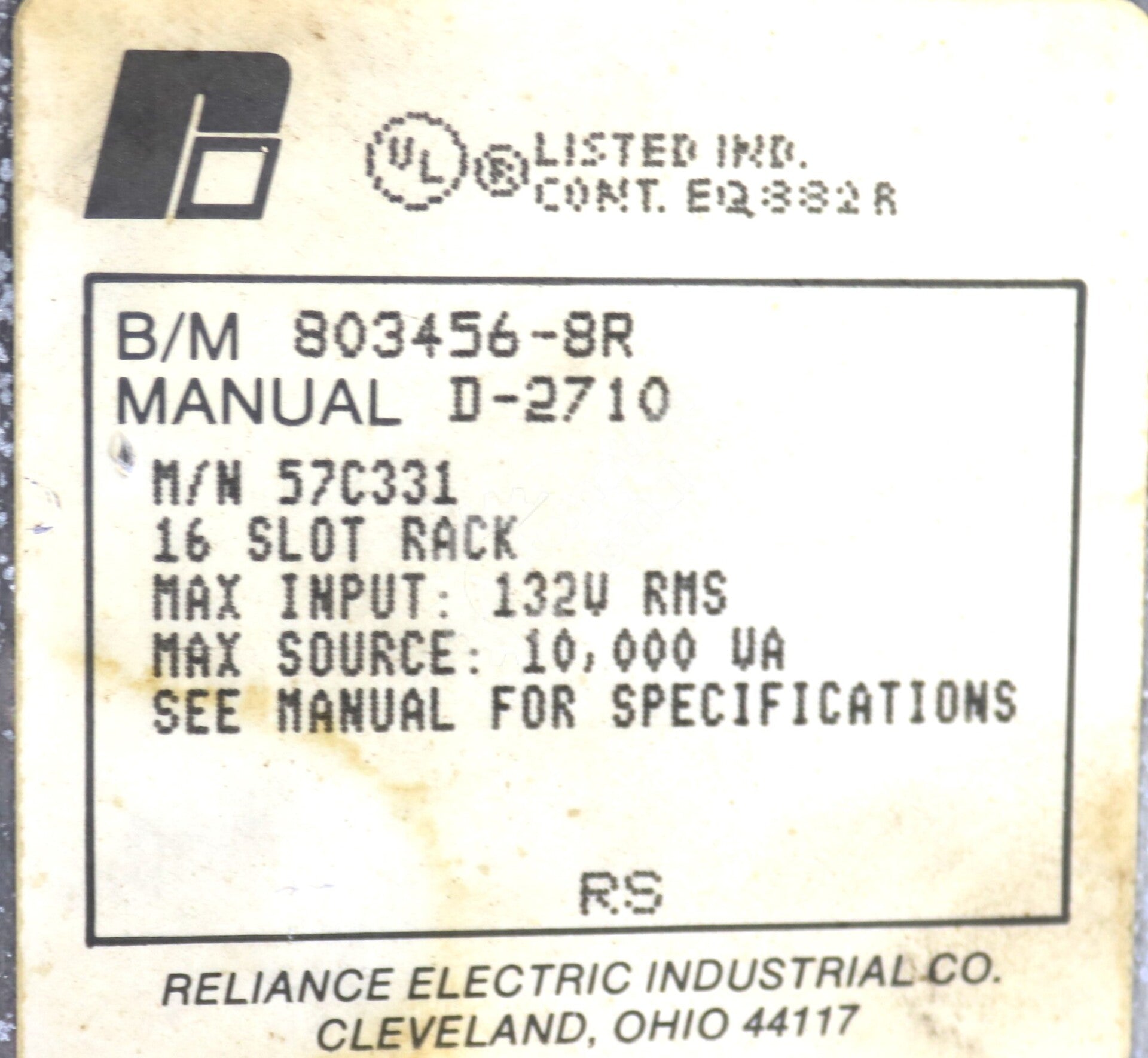 57C331 By Reliance Electric 803456-8R 100/120VAC 16-Slot Rack Assembly AutoMax