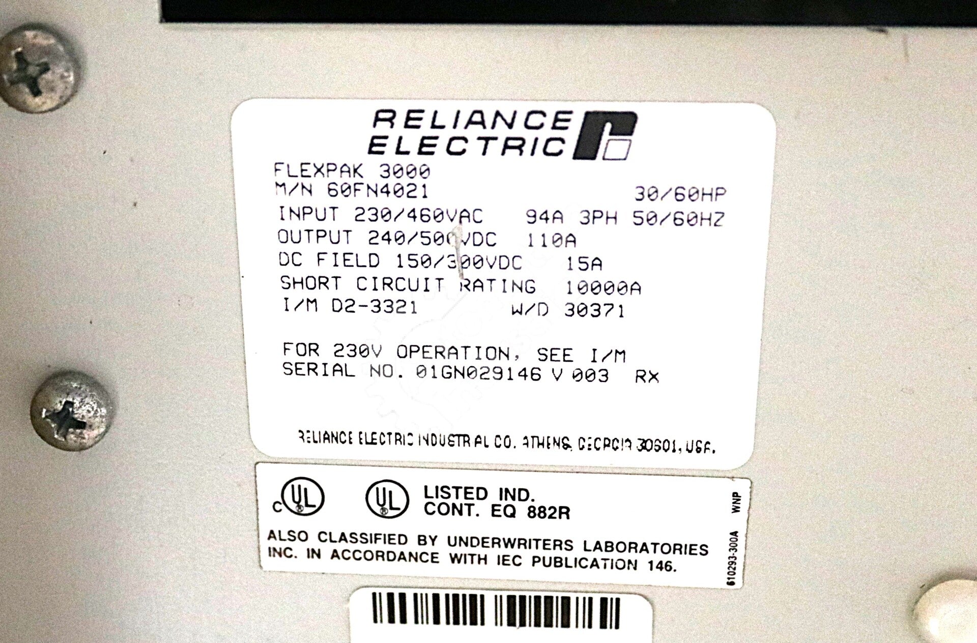 60FN4021 By Reliance Electric 460VAC 60HP FlexPak 3000 Non-Regenerative DC Drive