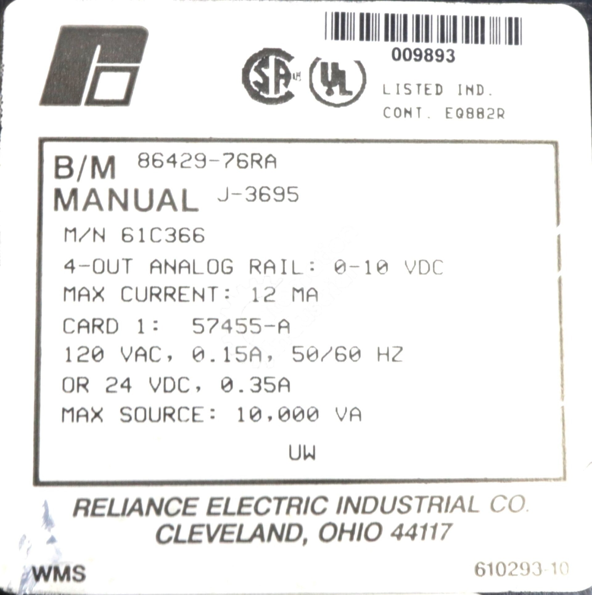 61C366 By Reliance Electric 4-Channel Analog Output Rail Module AutoMate