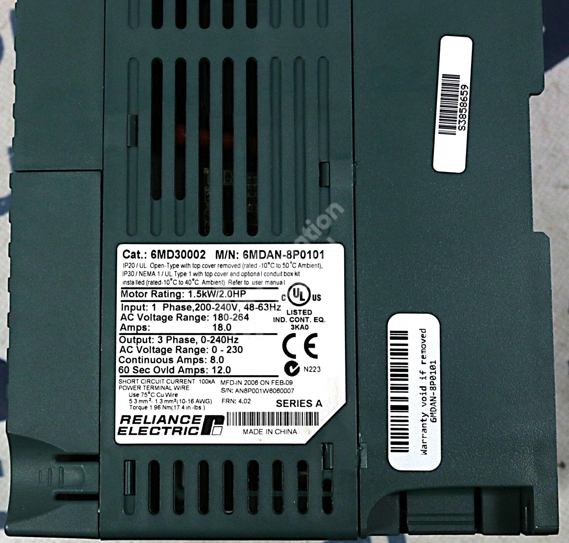 6MDAN-8P0101 By Reliance Electric 230VAC 2HP AC Drive